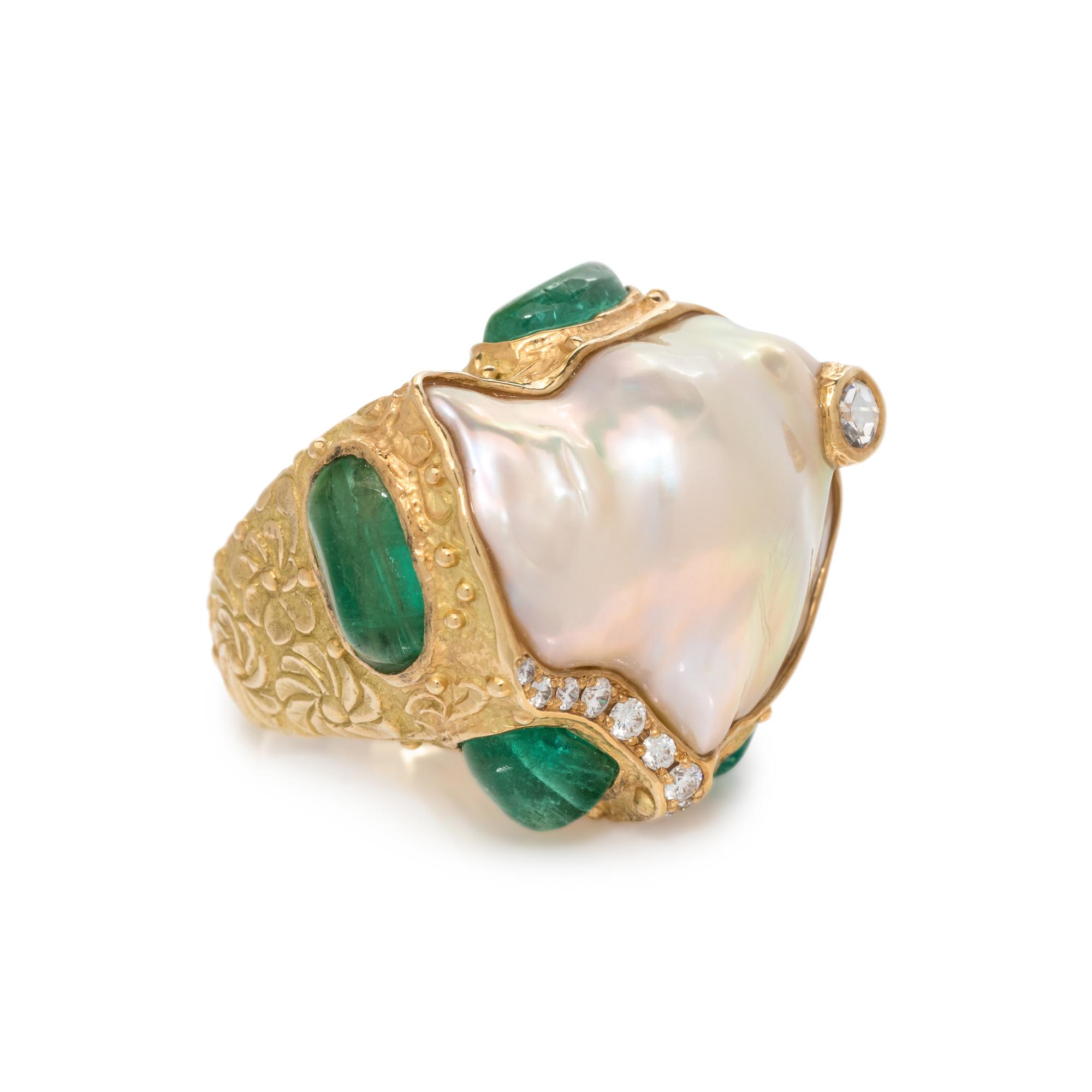 KATY BRISCOE, CULTURED BAROQUE PEARL, DIAMOND AND EMERALD RING