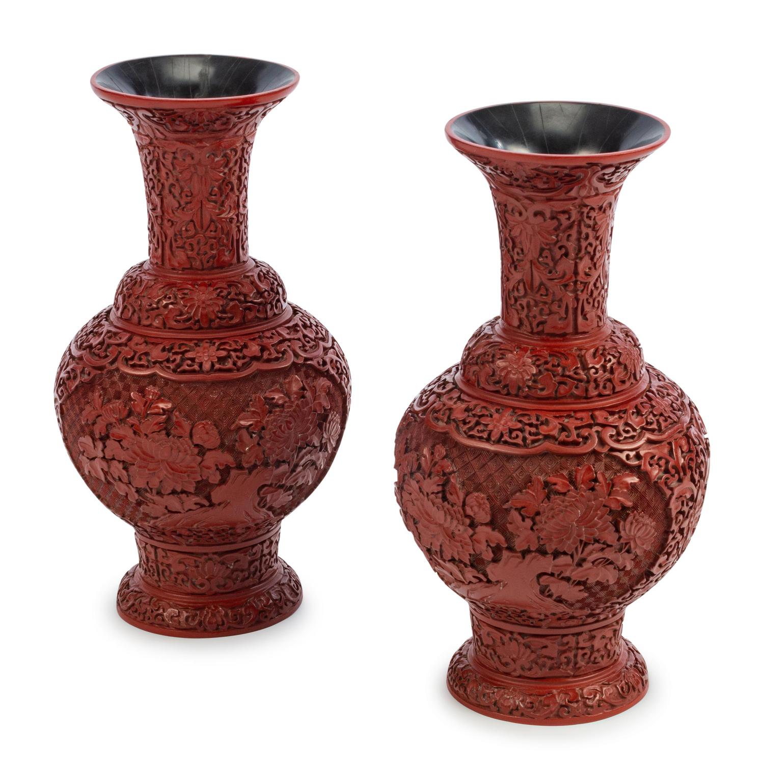 A Pair of Chinese Export Red Lacquer Vases