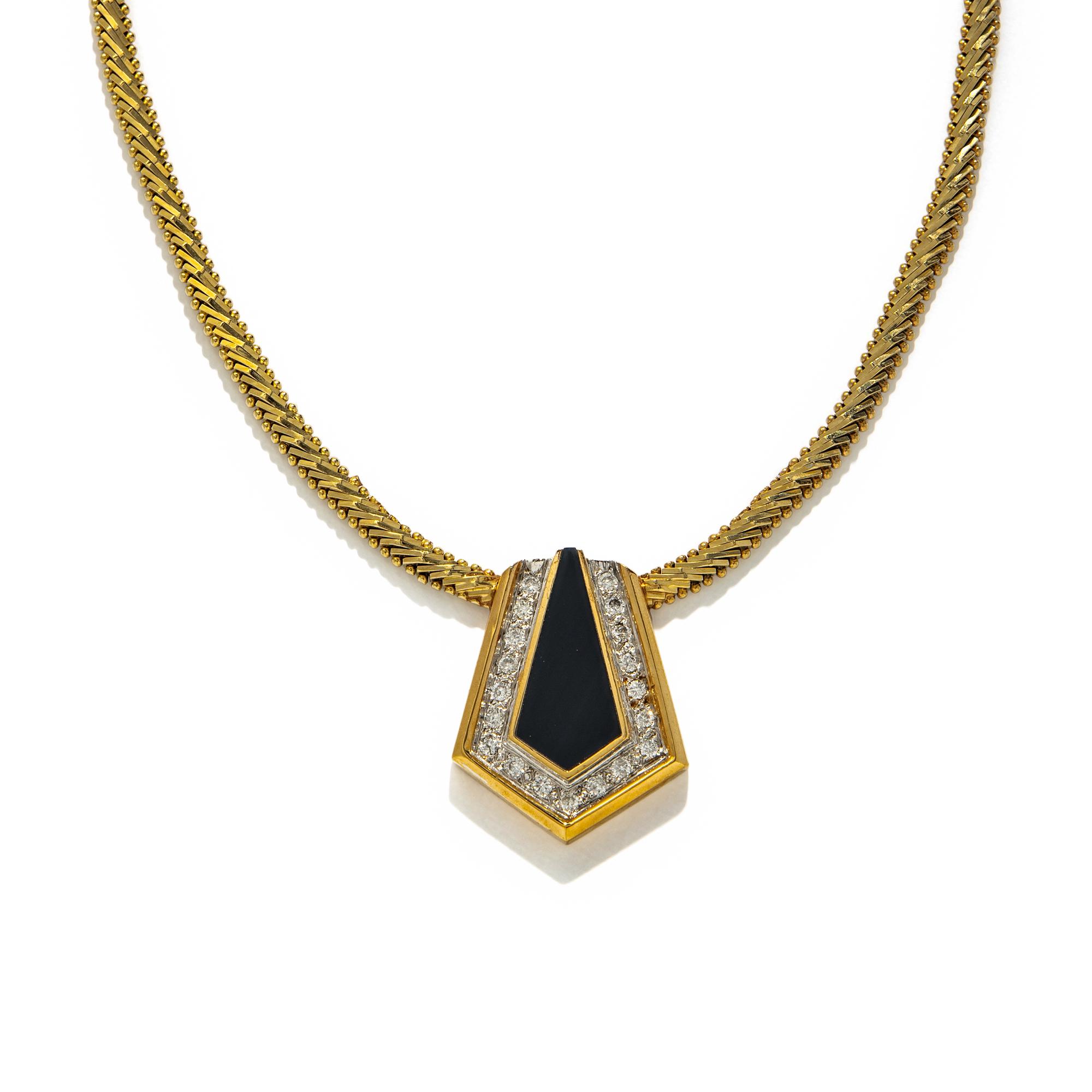 YELLOW GOLD, ONYX, AND DIAMOND NECKLACE