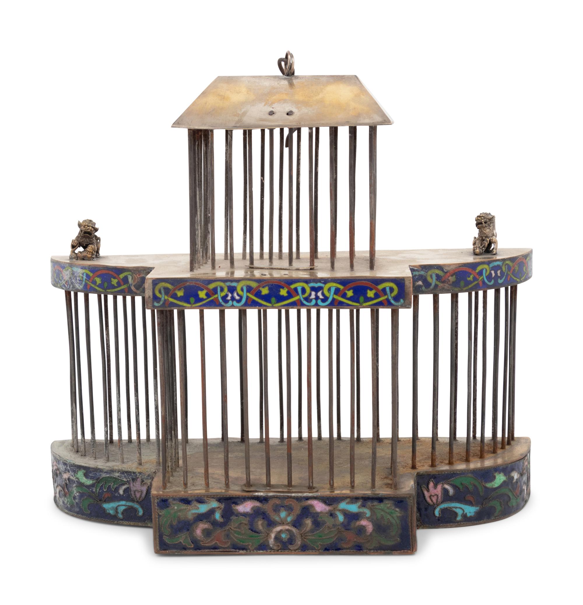 A Chinese Brass and Champlevé Enamel Ornamental Bird Cage