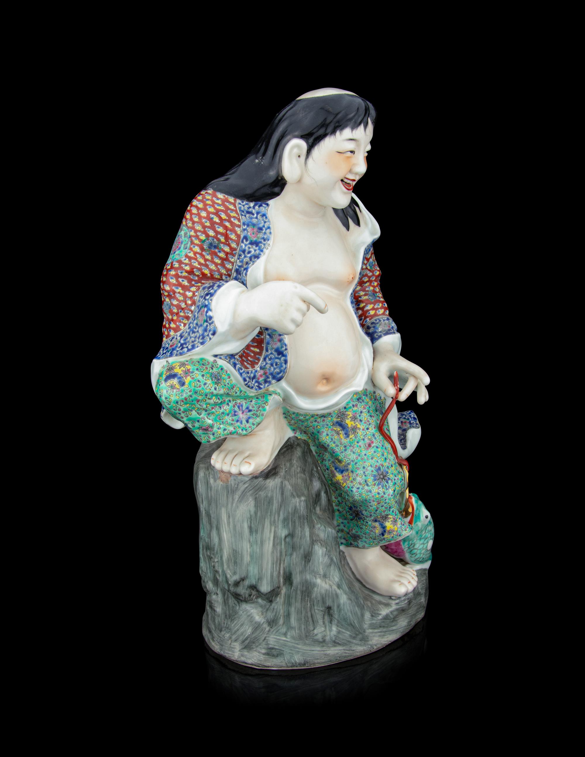 A Large Famille Rose Porcelain Figure of Liu Hai and a Toad