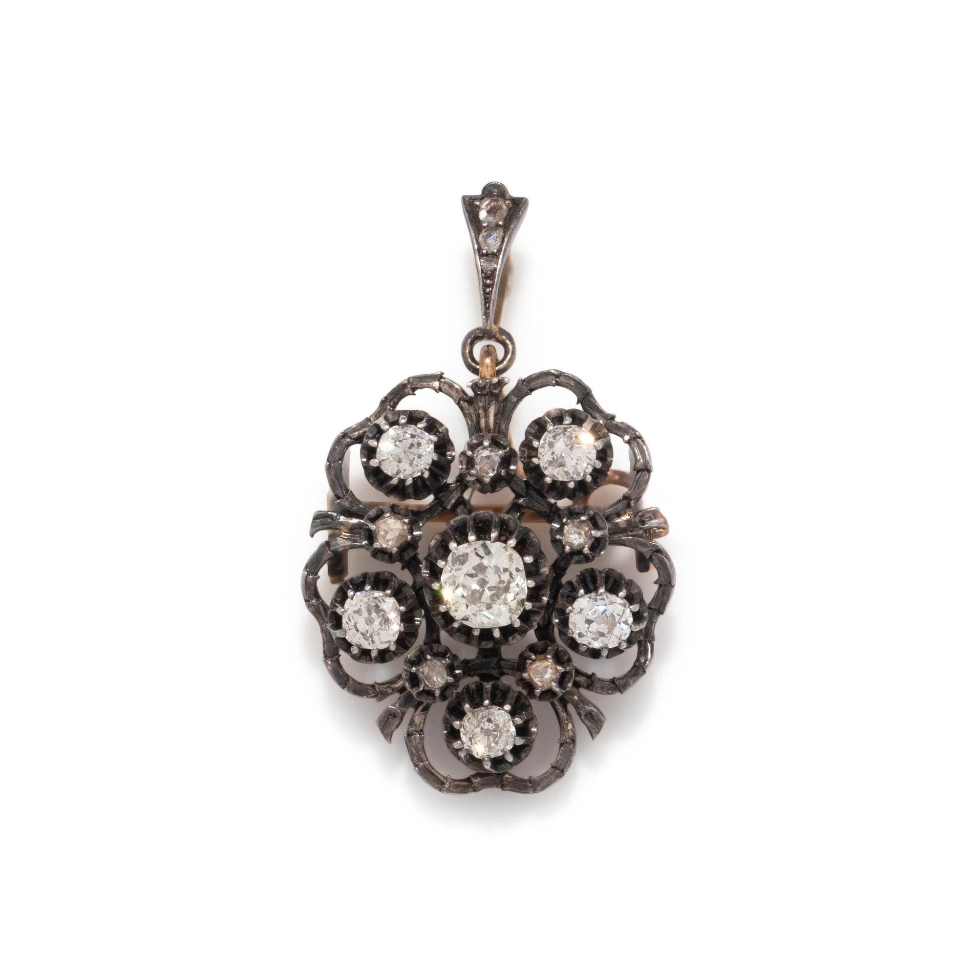 SILVER-TOPPED GOLD AND DIAMOND PENDANT/BROOCH
