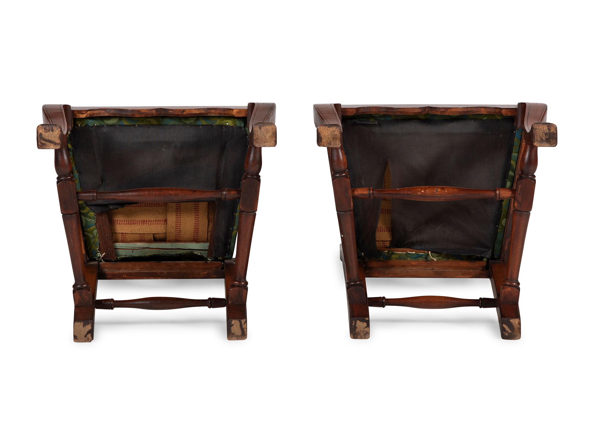 A Pair of William and Mary Style Carved and Stained Maple Side Chairs