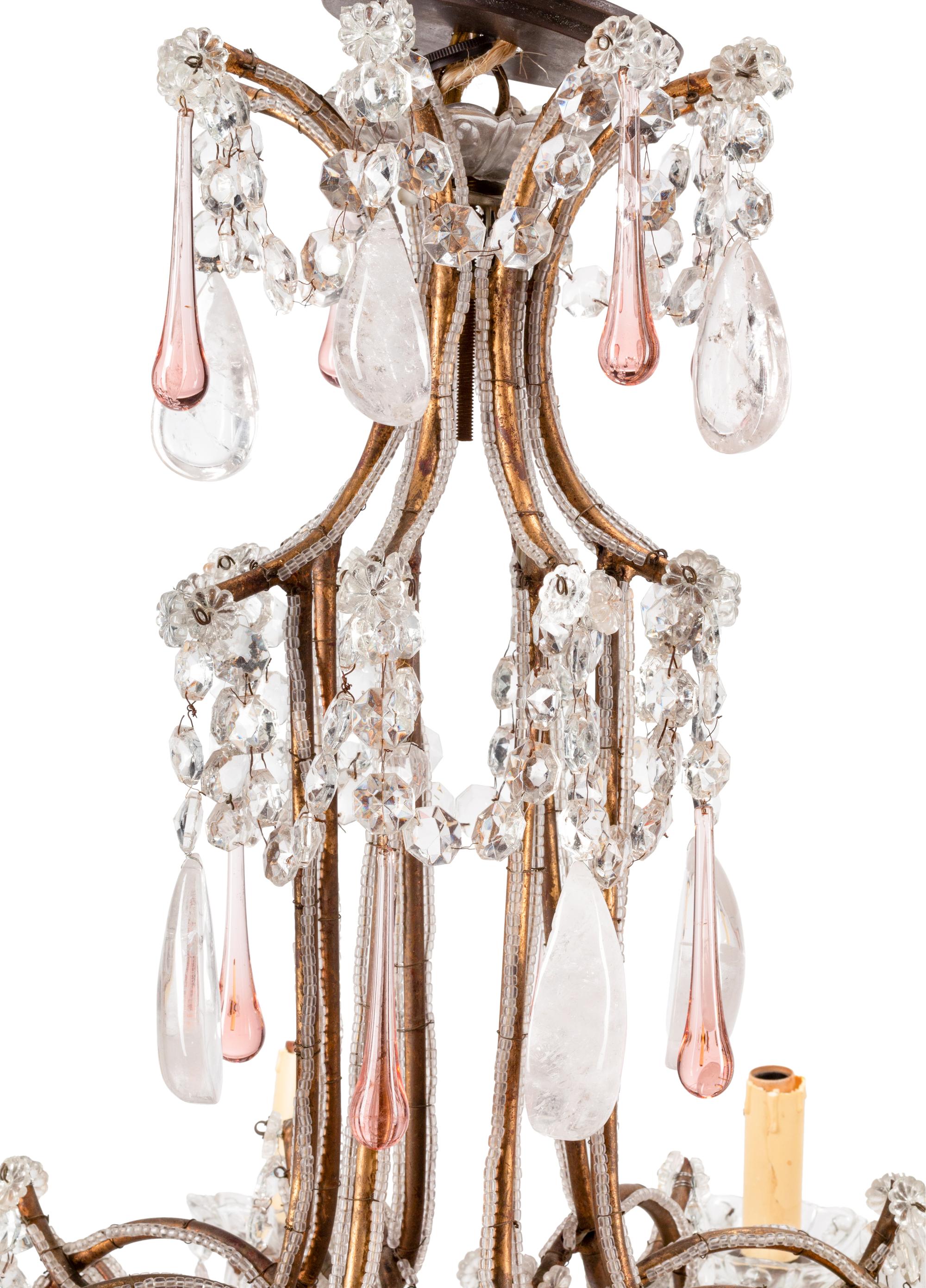 A French Neoclassical Style Eight-Light Chandelier with Glass and Rock Crystal Prisms