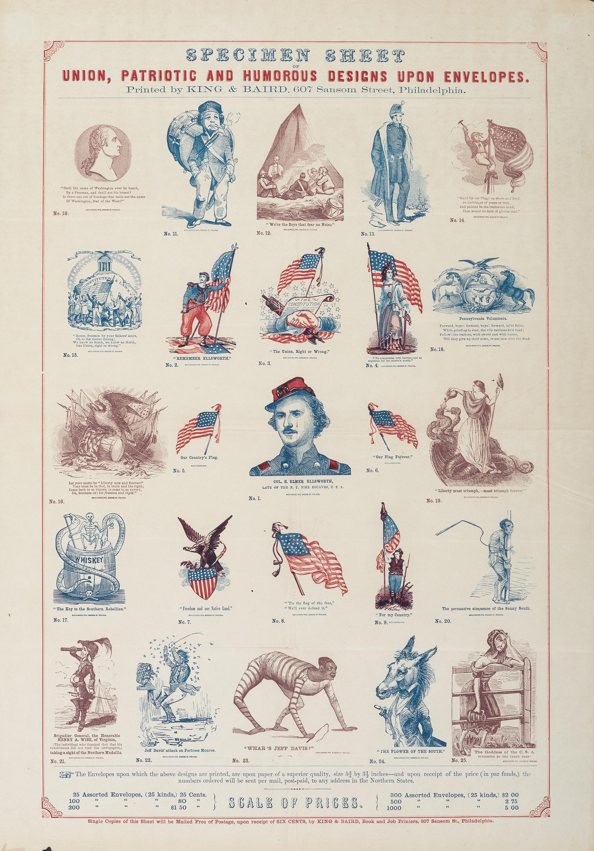 [CIVIL WAR]. KING & BAIRD, publisher. Specimen Sheet Union, Patriotic and Humorous Designs Upon Envelopes.