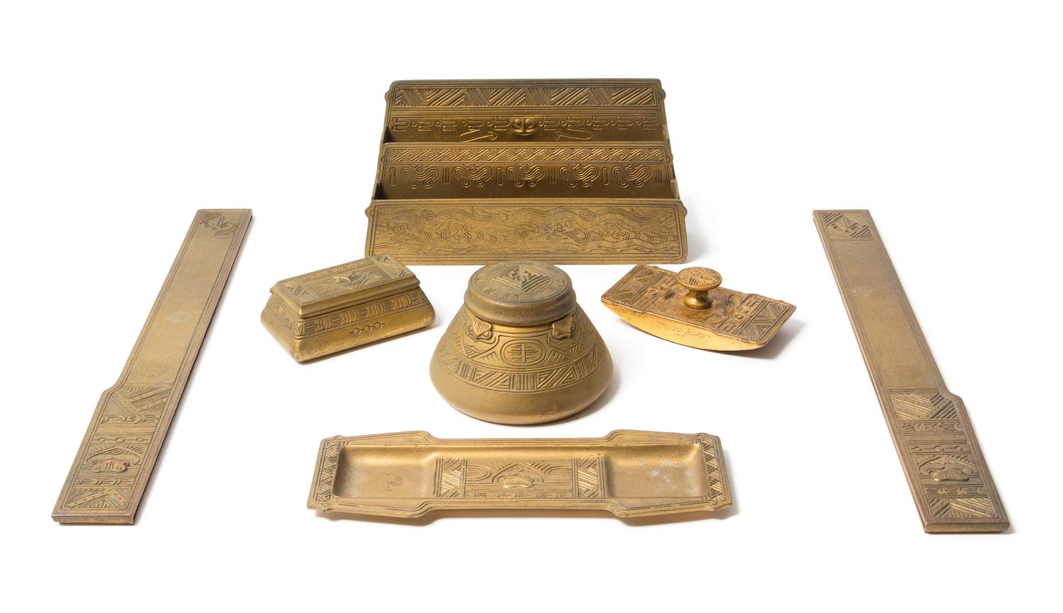 Tiffany Studios, an American Indian pattern seven-piece desk set