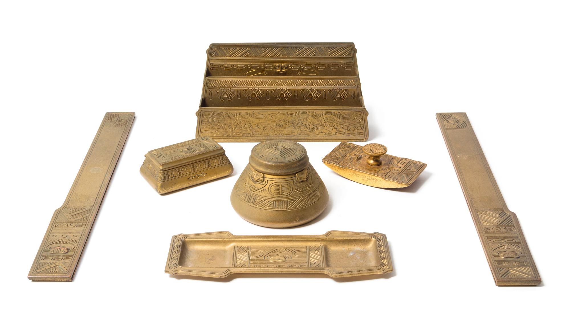 Tiffany Studios, an American Indian pattern seven-piece desk set