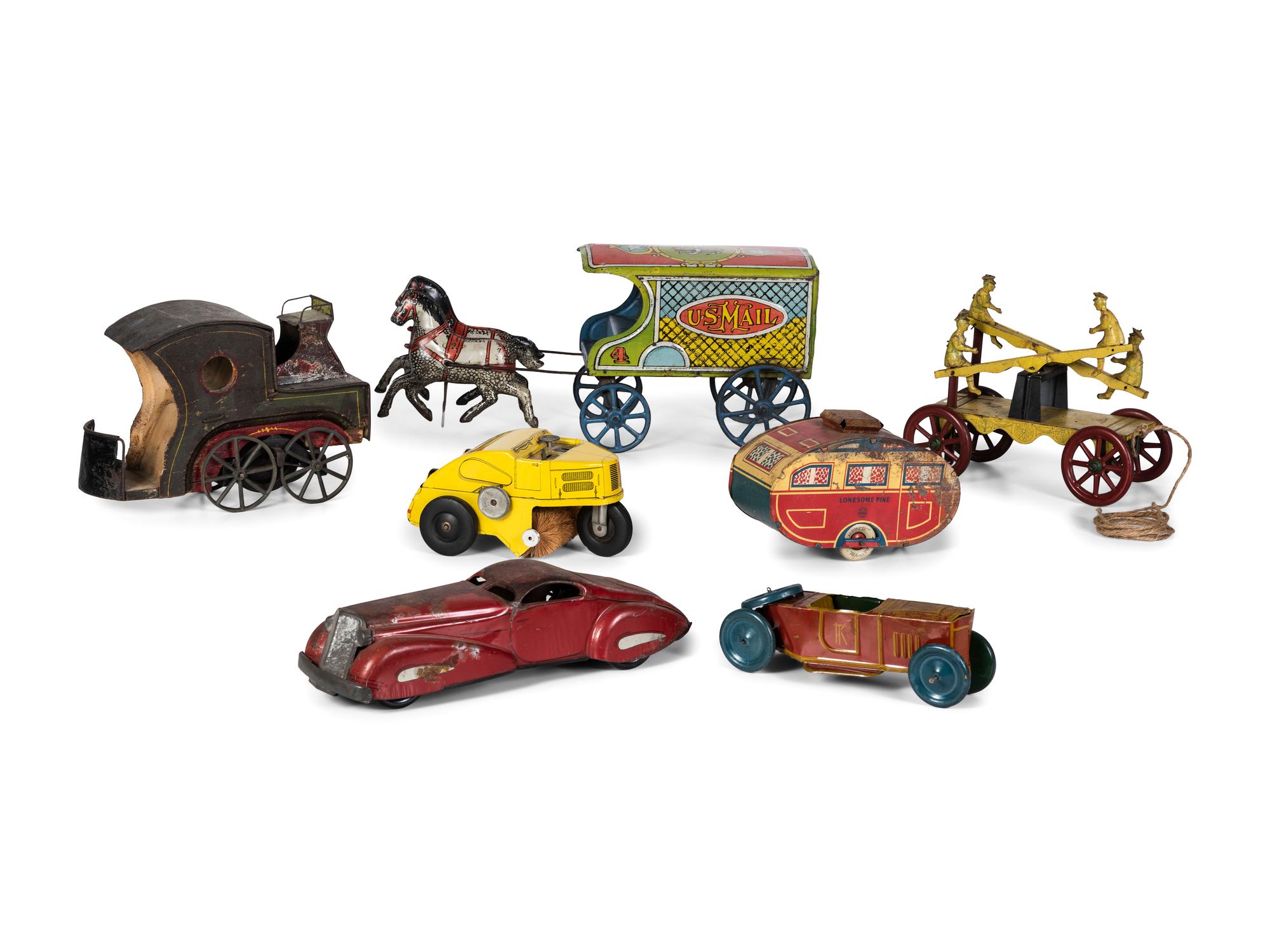 Six Tin Lithograph and Painted Toy Vehicles