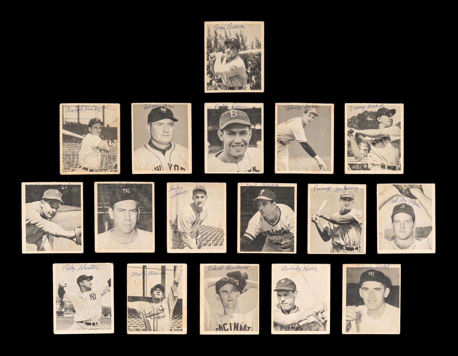 A Group of 16 1948 Bowman Baseball Cards (Including Yogi Berra and Ralph Kiner Rookies),