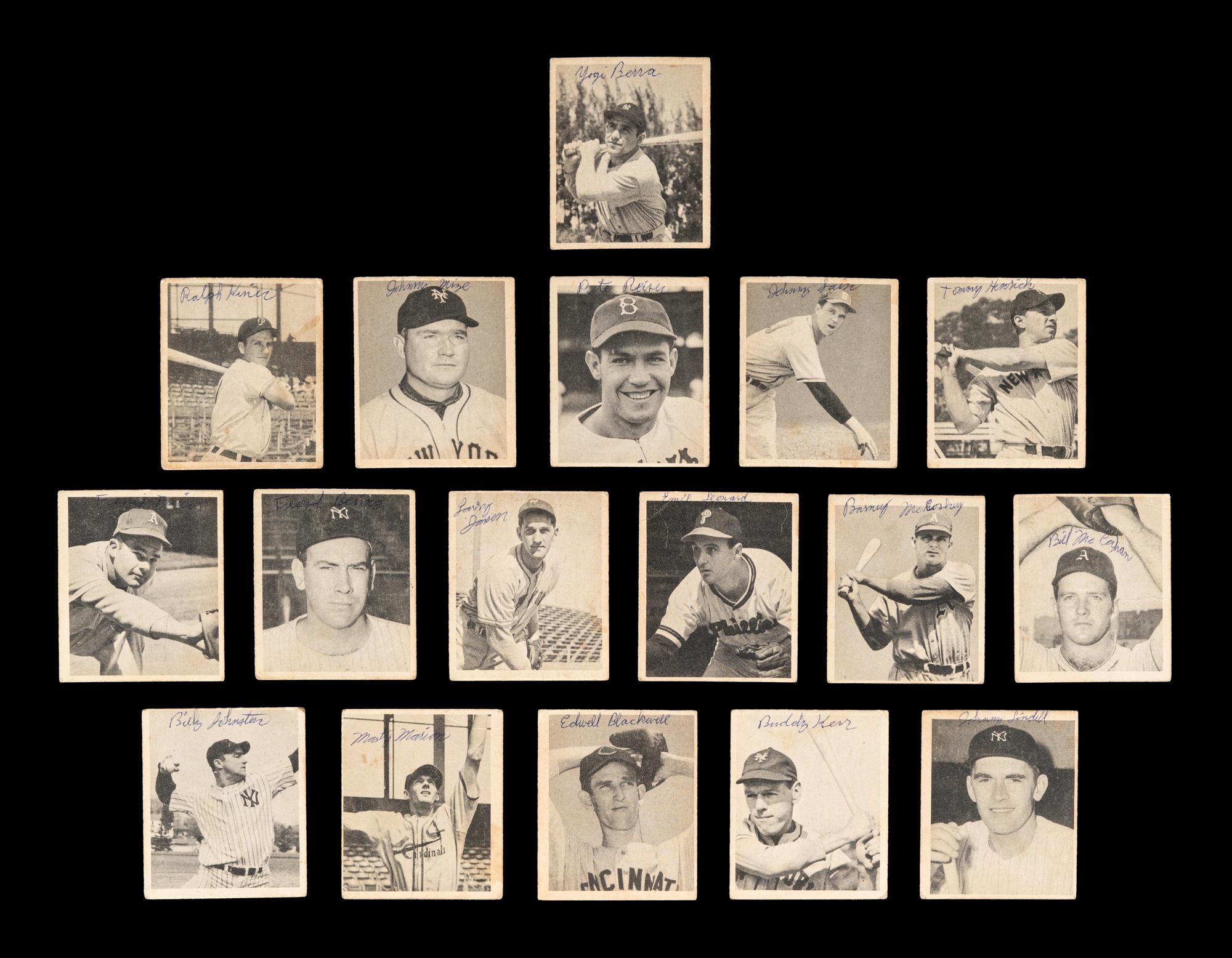 A Group of 16 1948 Bowman Baseball Cards (Including Yogi Berra and Ralph Kiner Rookies),