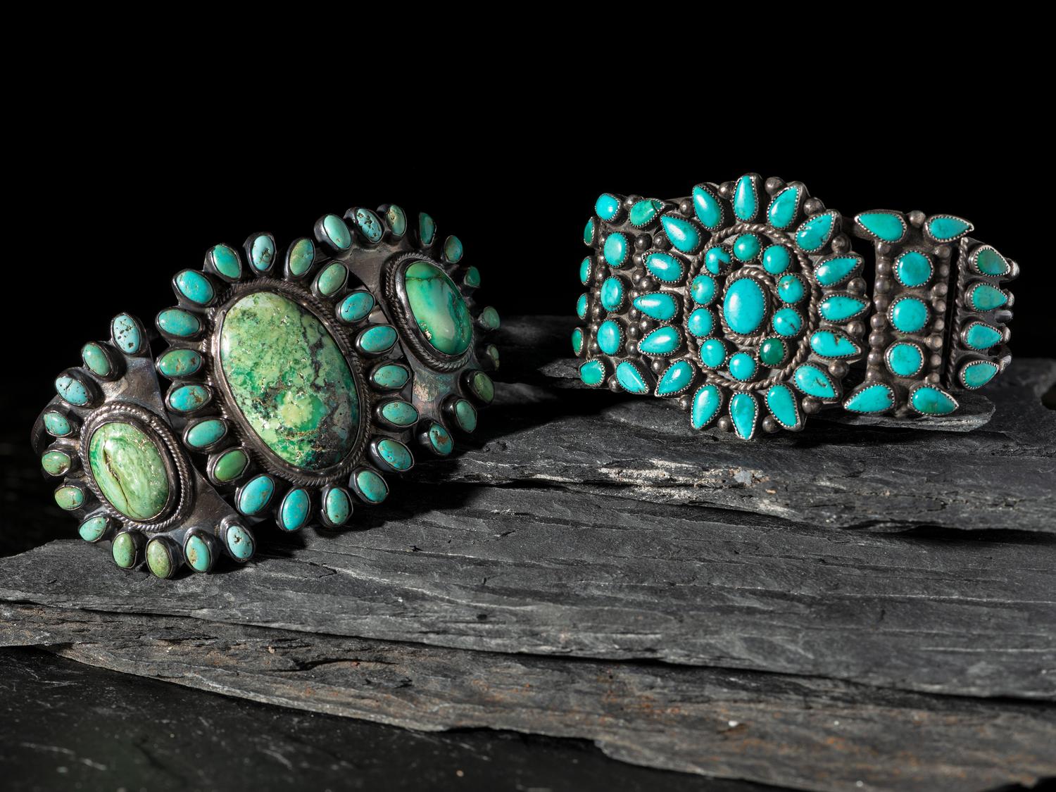 Pair of Navajo or Zuni Silver and Turquoise Cluster Cuff Bracelets