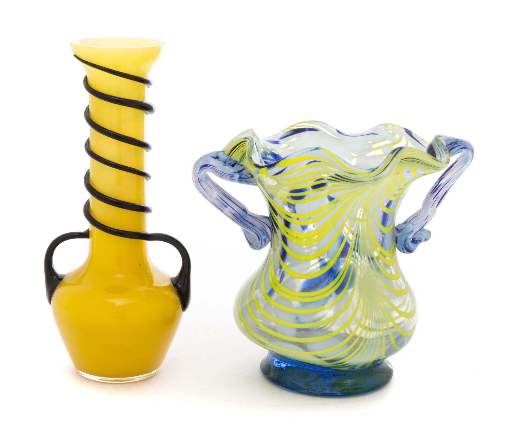 Two Czechoslovakian Applied Glass Vases Height of taller 6 inches.