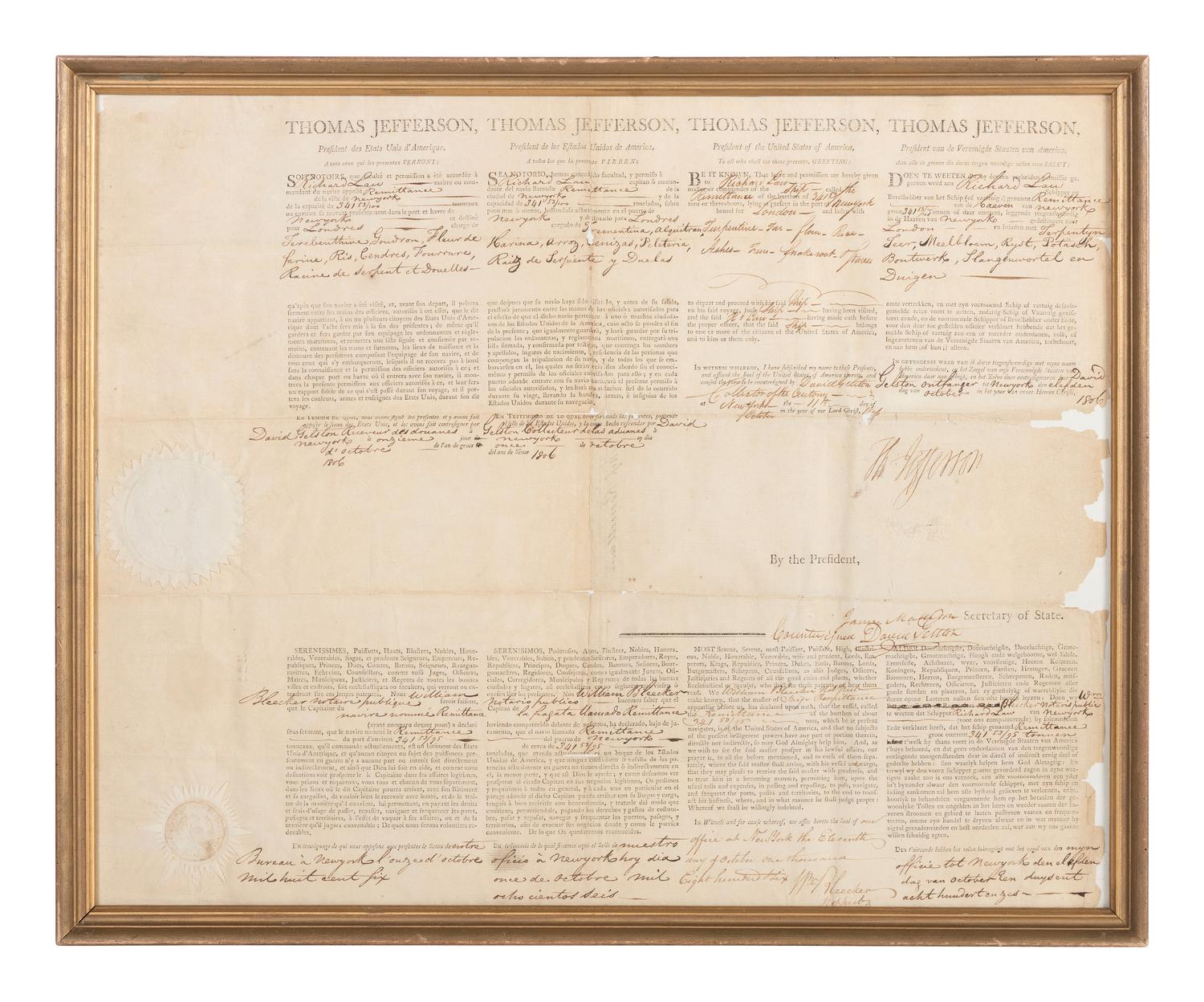 JEFFERSON, Thomas (1743-1826). Partly printed document signed (“Thomas Jefferson”), as President, countersigned by James Madison as Secretary of State, 1806.