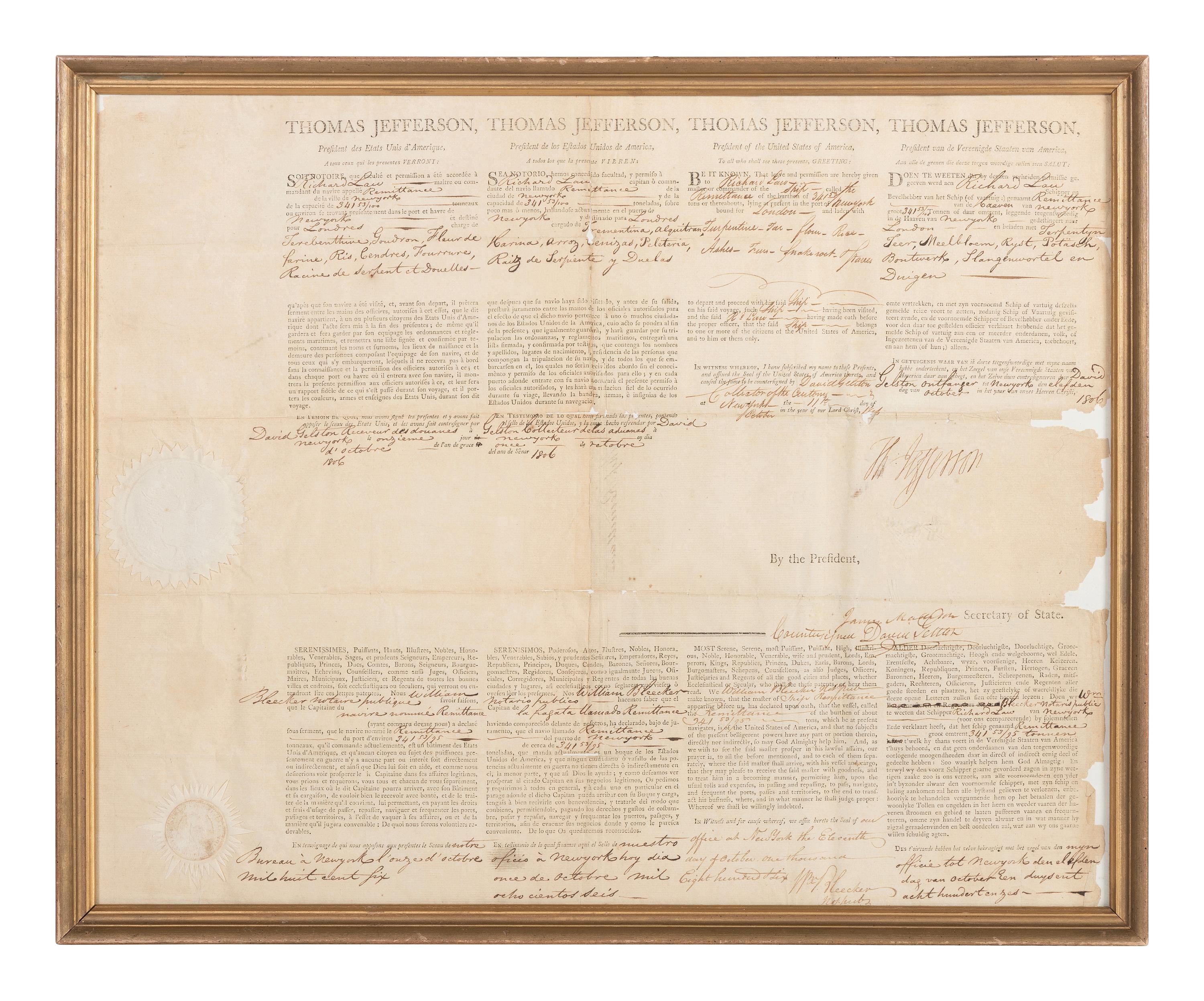 JEFFERSON, Thomas (1743-1826). Partly printed document signed (“Thomas Jefferson”), as President, countersigned by James Madison as Secretary of State, 1806.