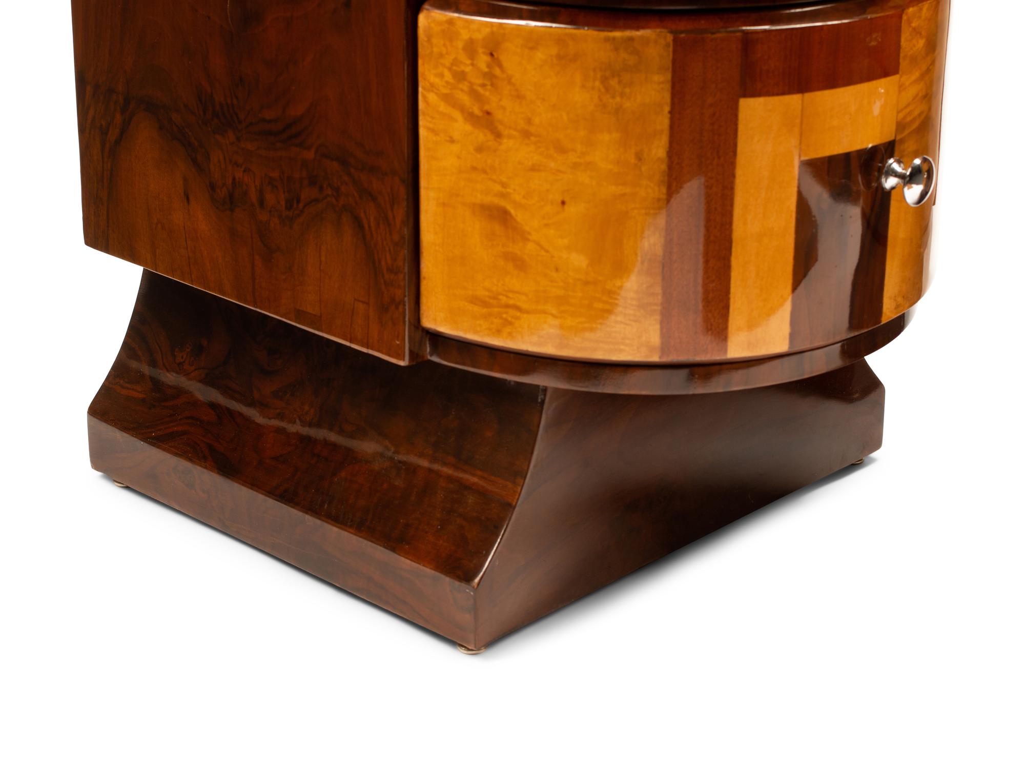 A Pair of Art Deco Style Burlwood and Parquetry Bedside Tables