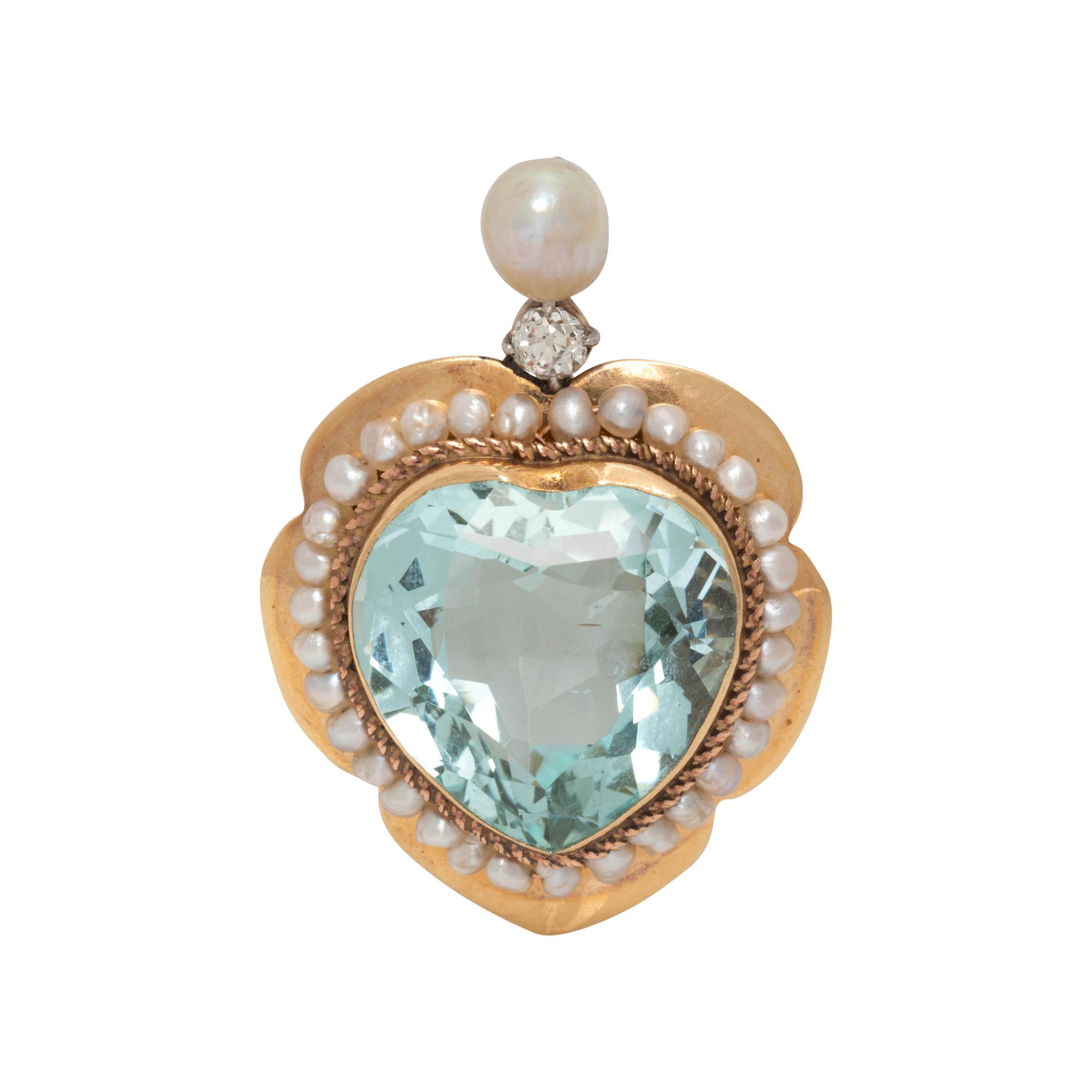 AQUAMARINE, CULTURED PEARL AND DIAMOND PENDANT/BROOCH