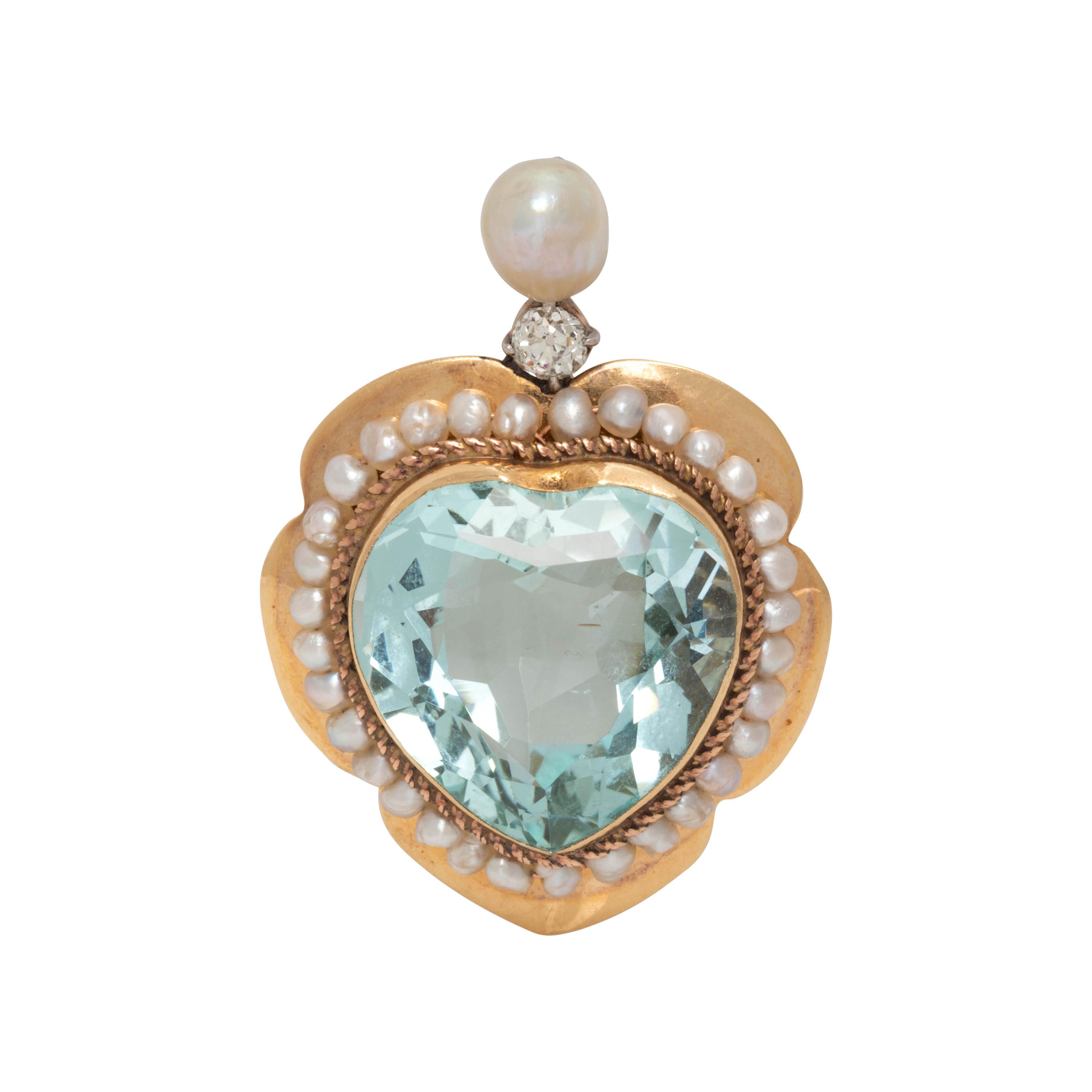 AQUAMARINE, CULTURED PEARL AND DIAMOND PENDANT/BROOCH