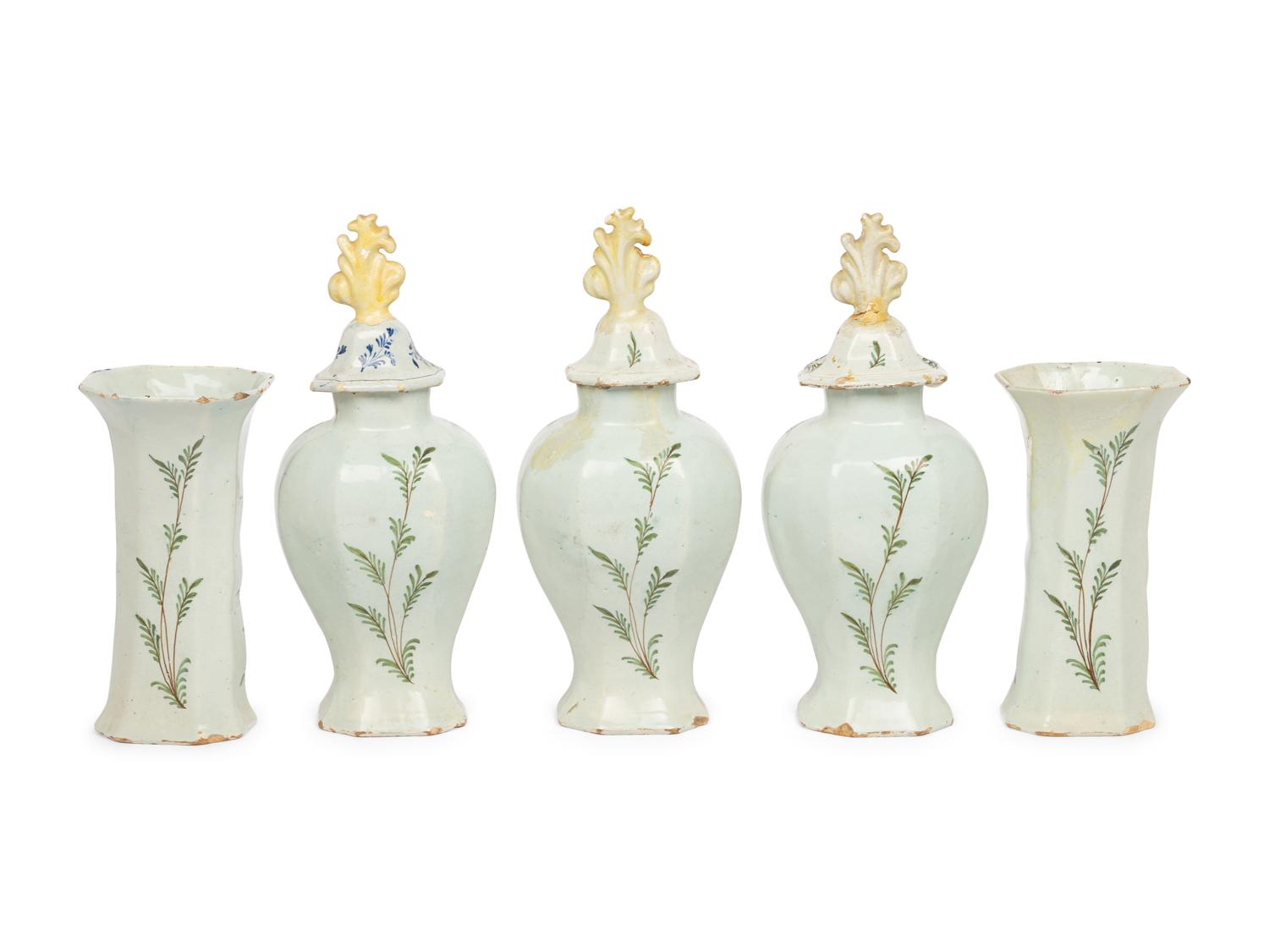 A Delft Polychrome Decorated Five-Piece Garniture