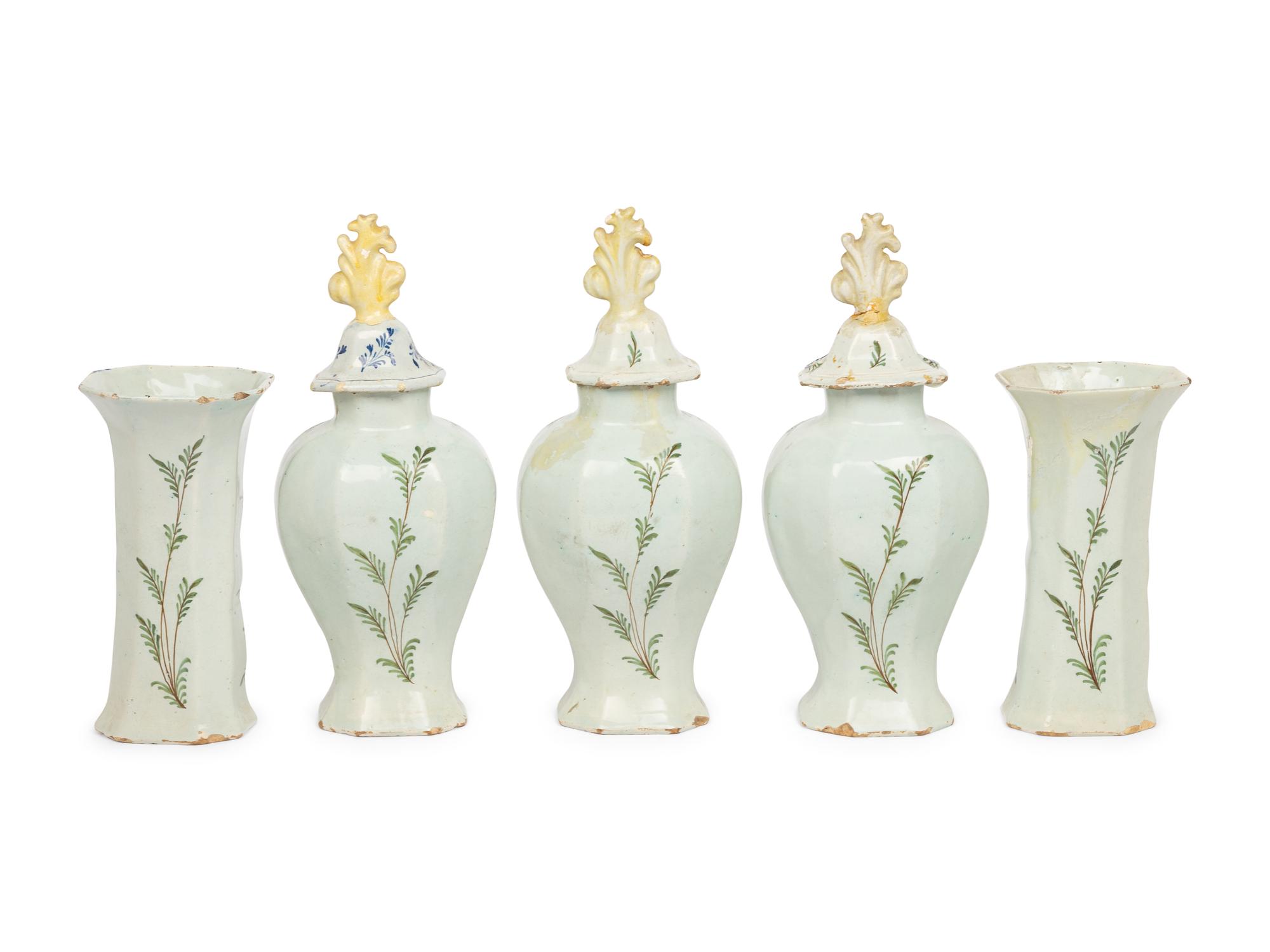 A Delft Polychrome Decorated Five-Piece Garniture