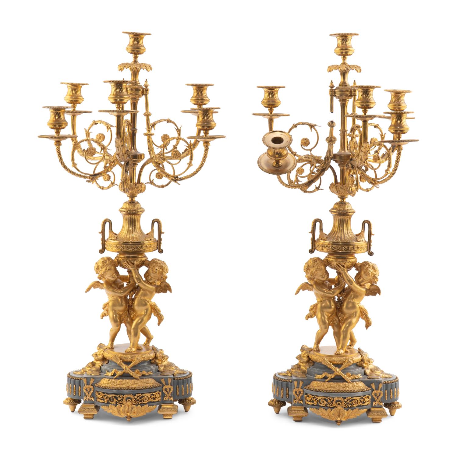 A Pair of Louis XV Style Gilt Bronze and Persian Grey Marble Six-Light Candelabra