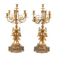 A Pair of Louis XV Style Gilt Bronze and Persian Grey Marble Six-Light Candelabra