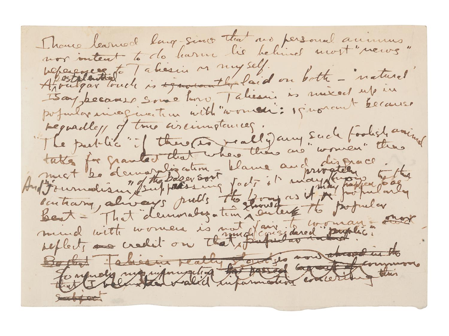 WRIGHT, Frank Lloyd (1867-1959). Autograph manuscript signed ("Frank Lloyd Wright"), entitled "Taliesin III," numerous holograph emendations and corrections in ink, a few in pencil N.p. Taliesin, 8 June 1926. 5 1/2 pages, 4to, creased.