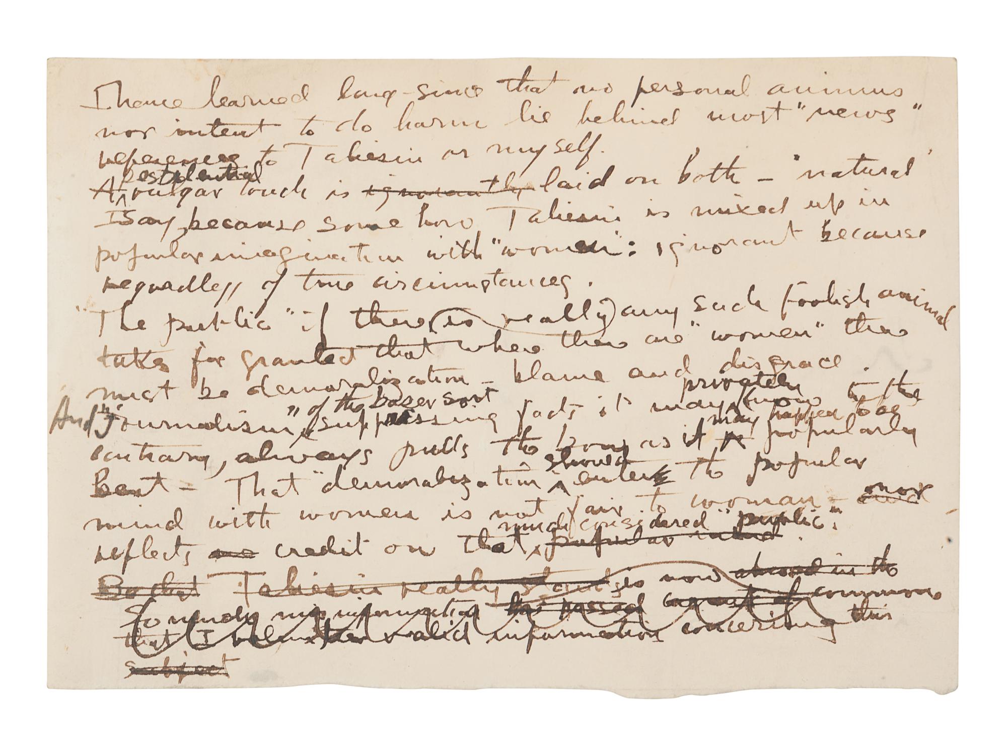 WRIGHT, Frank Lloyd (1867-1959). Autograph manuscript signed ("Frank Lloyd Wright"), entitled "Taliesin III," numerous holograph emendations and corrections in ink, a few in pencil N.p. Taliesin, 8 June 1926. 5 1/2 pages, 4to, creased.
