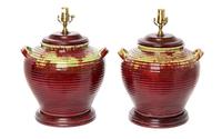 A Pair of Rustic Glazed Pottery Jars Height 20 inches.
