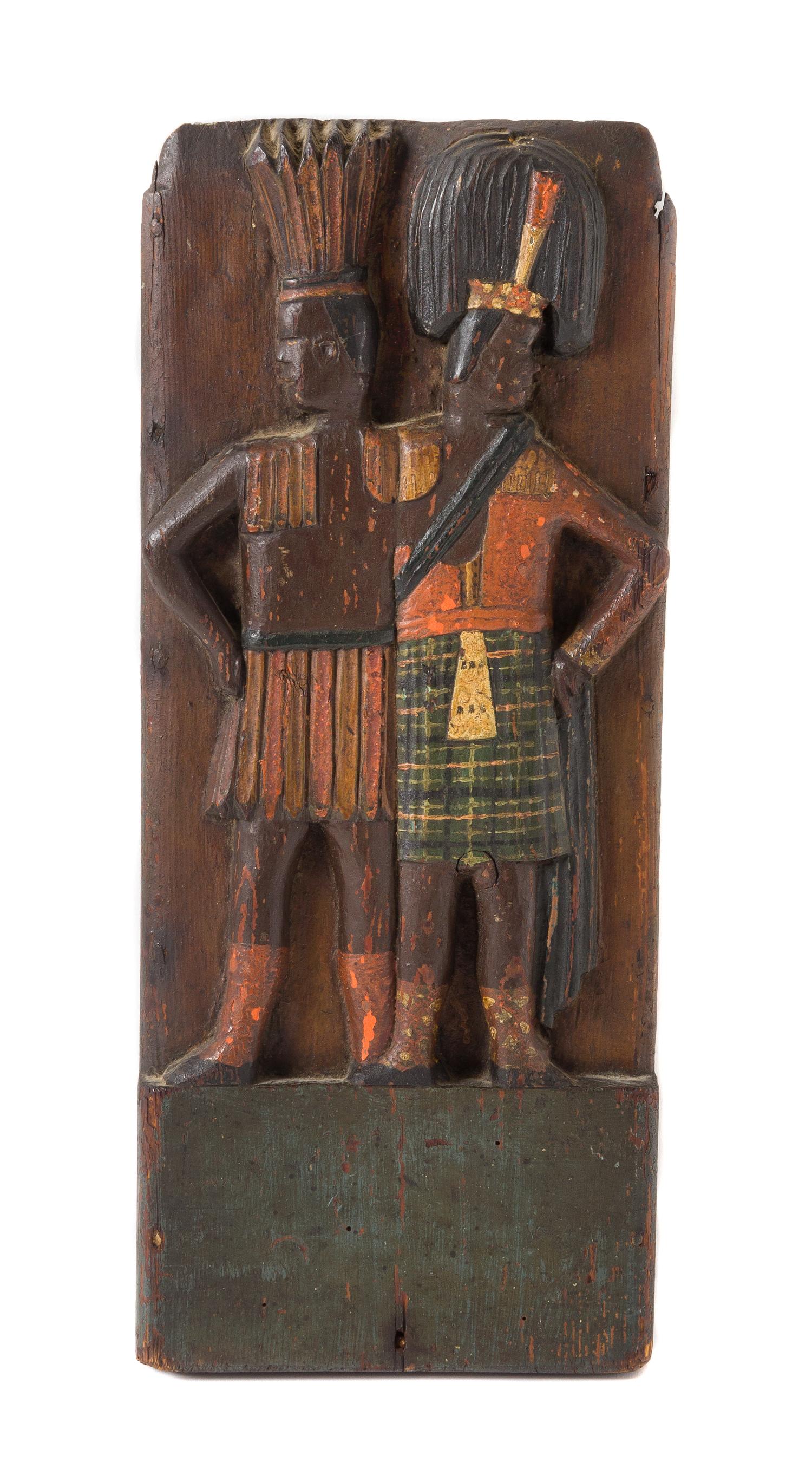 A Carved and Painted Wood Plaque Height 14 7/8 x width 6 1/8 inches. — 19TH CENTURY