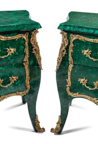 A Pair of Louis XV Style Gilt Bronze Mounted Malachite Commodes