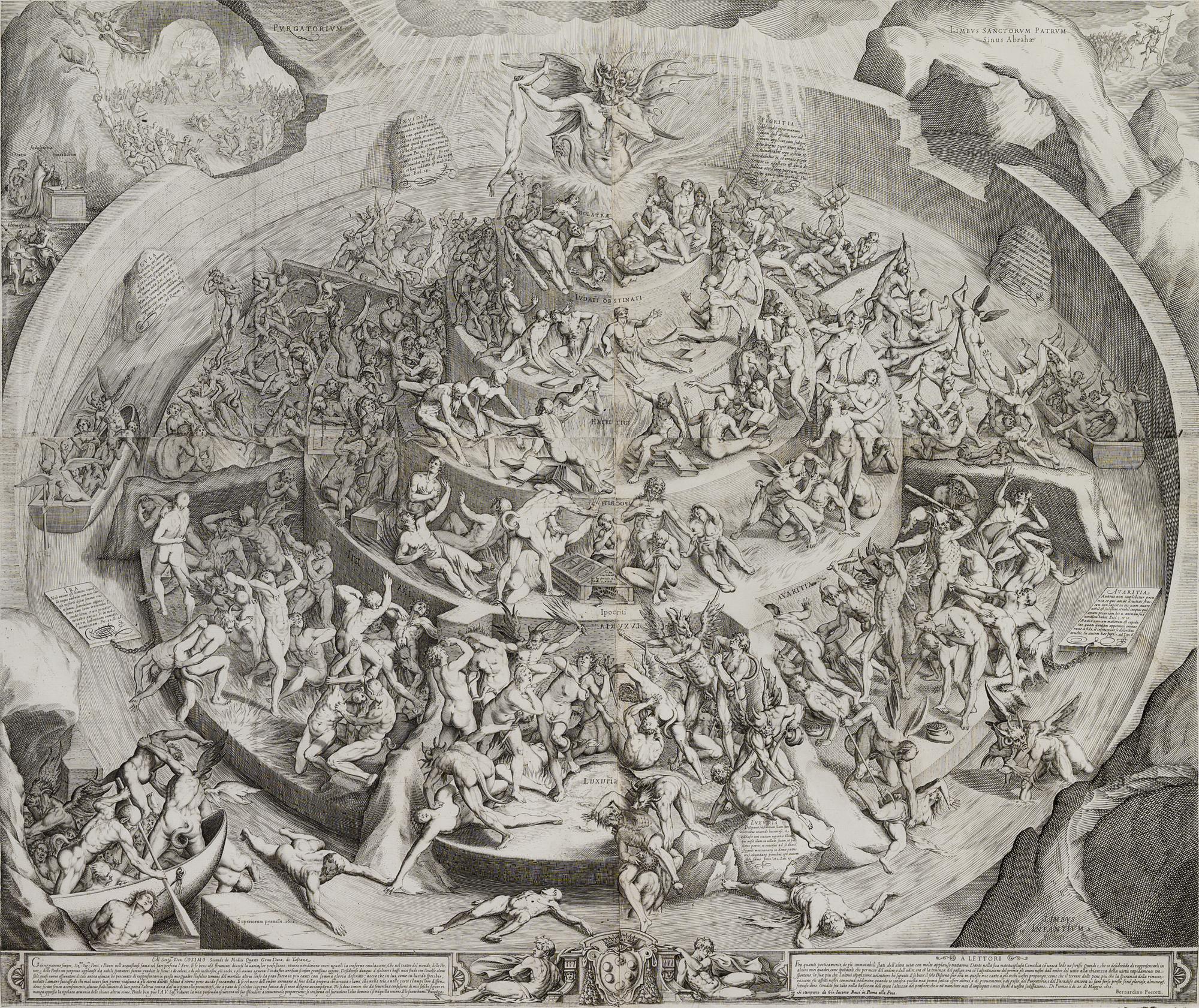 Inferno According to Dante Alighieri in "The Divine Comedy" (After a drawing by Bernardino Poccetti, 1612)