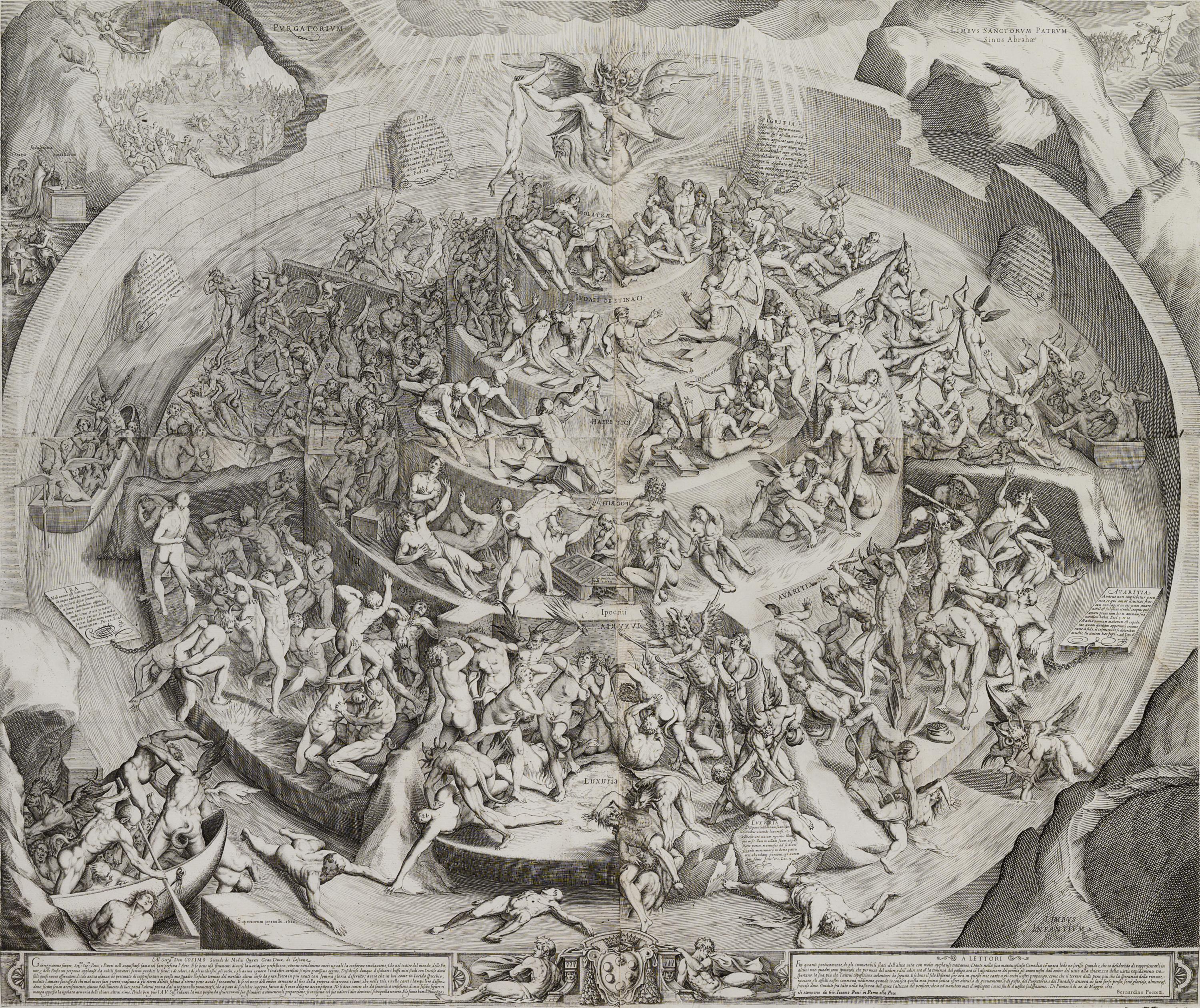 Inferno According to Dante Alighieri in "The Divine Comedy" (After a drawing by Bernardino Poccetti, 1612)