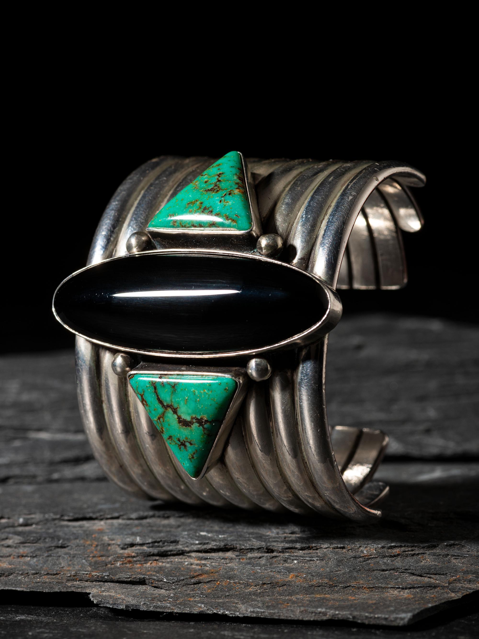 Sterling Silver, Turquoise, and Onyx Cuff Bracelet
