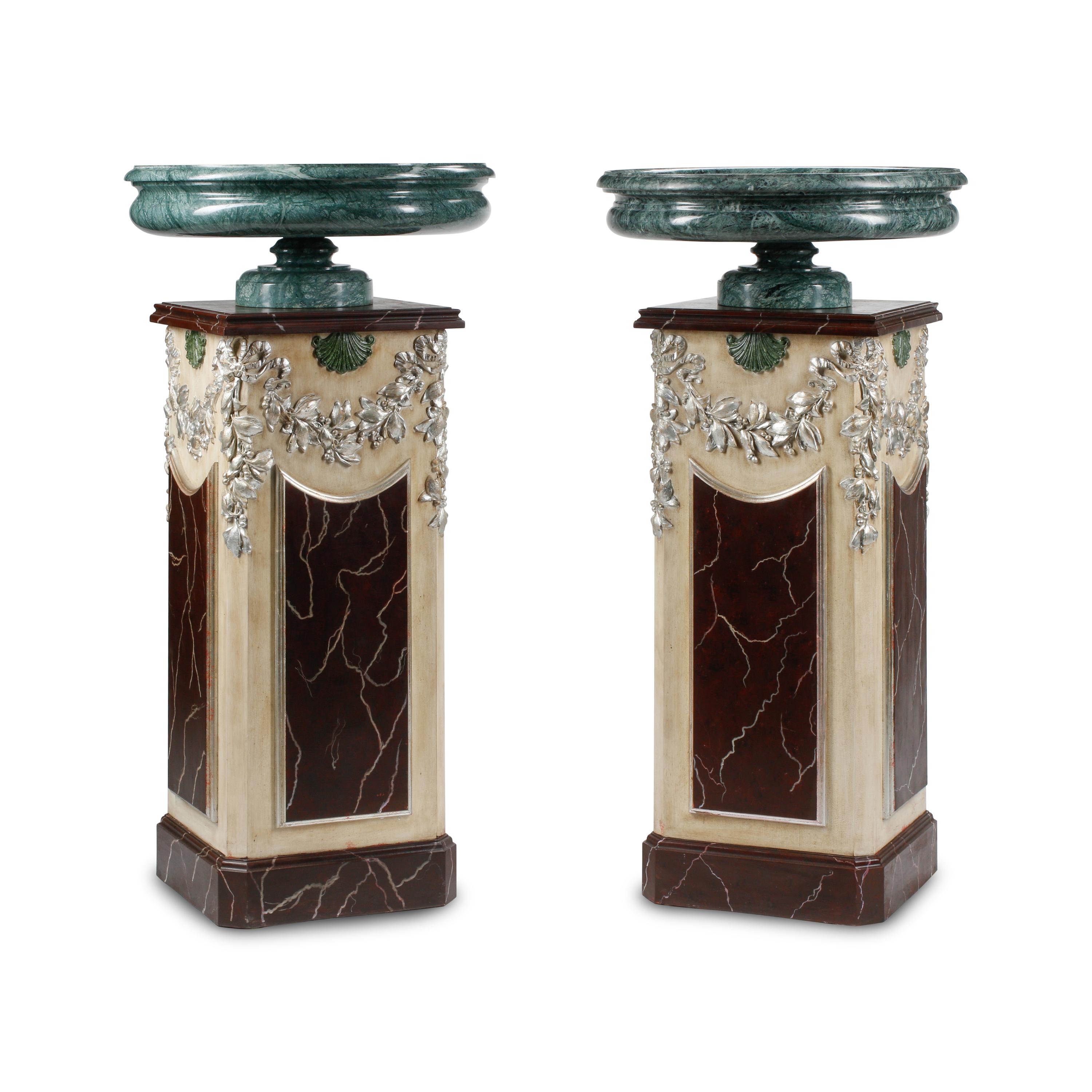 A Pair of Italian Green Marble Tazze with Carved and Polychrome Painted Pedestals