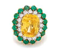 A Bicolor Gold, Yellow Sapphire, Diamond and Emerald Ring, 6.60 dwts.