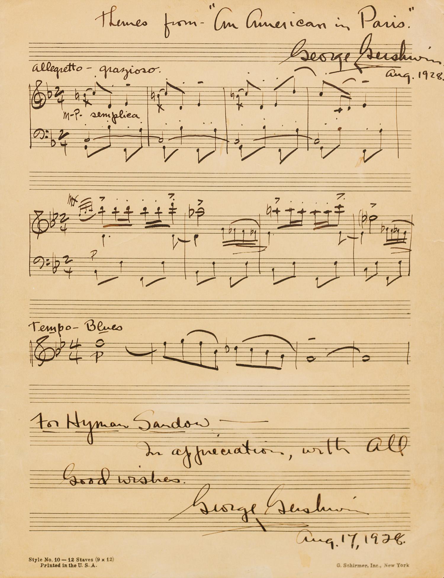 GERSHWIN, George (1898-1937). Autographed musical manuscript signed twice ("George Gershwin"), to Hyman Sandow, 17 August 1928.