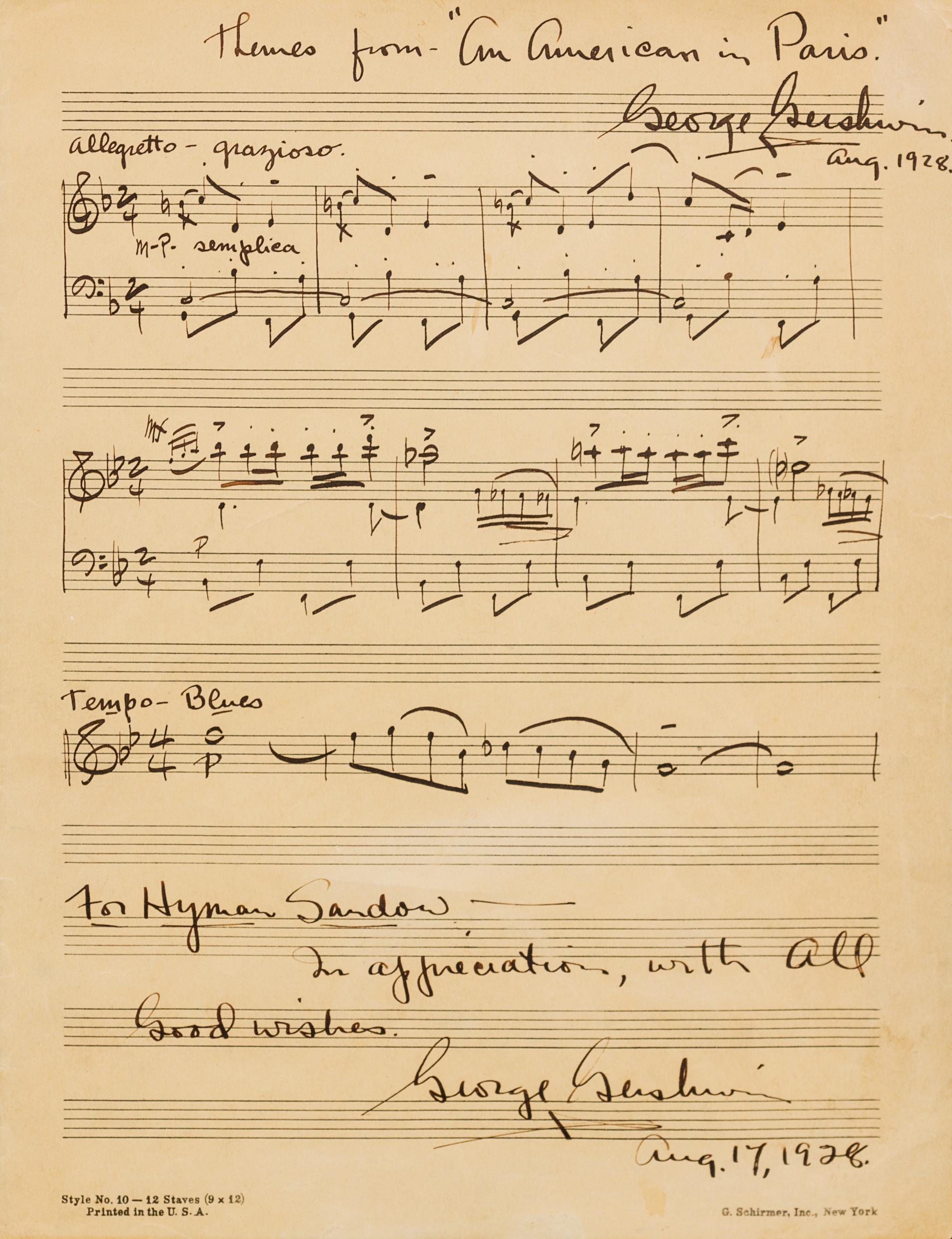 GERSHWIN, George (1898-1937). Autographed musical manuscript signed twice ("George Gershwin"), to Hyman Sandow, 17 August 1928.