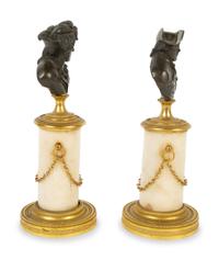 A Pair of French Bronze and Marble Small Busts