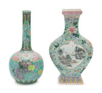Two Chinese Turquoise Green Ground Famille Rose Porcelain Vases