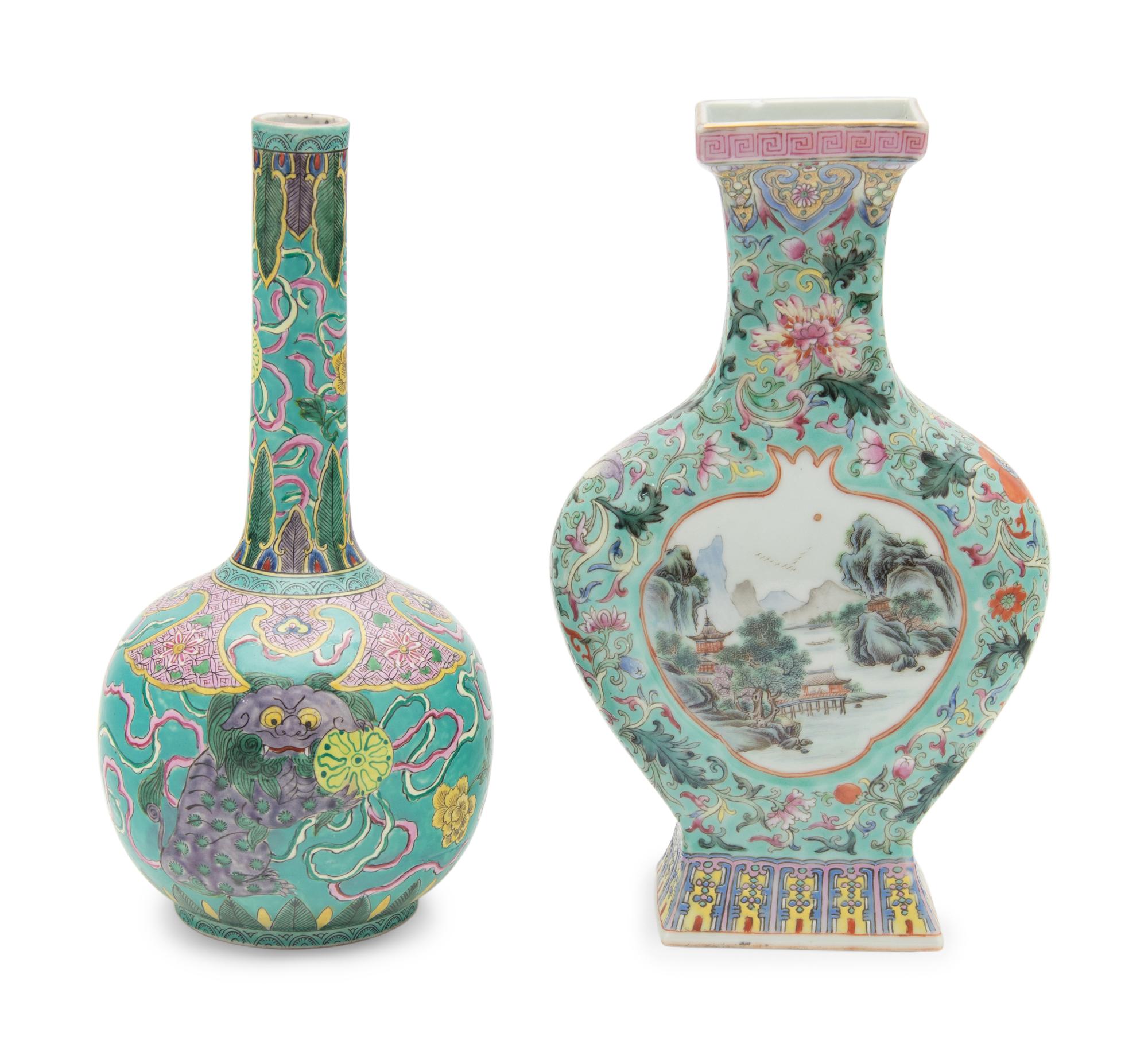 Two Chinese Turquoise Green Ground Famille Rose Porcelain Vases