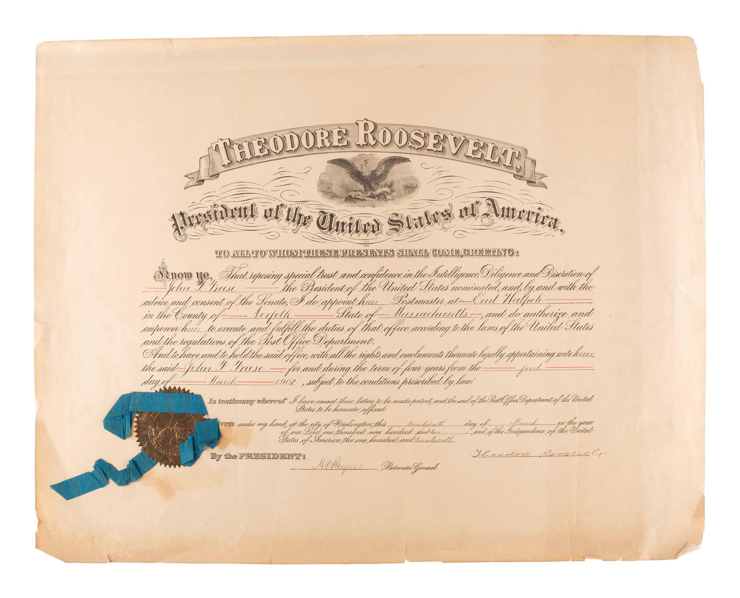 [POLITICS]. A group of presidential postmaster appointments signed by Grover CLEVELAND, William McKINLEY, and Theodore ROOSEVELT.
