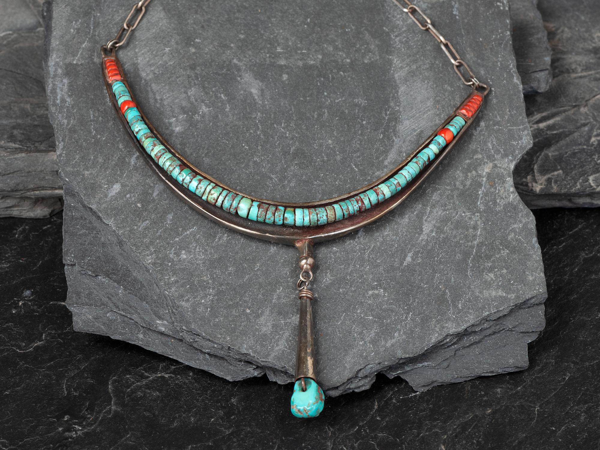 Tufa Cast Silver Choker, with Rolled Turquoise and Coral