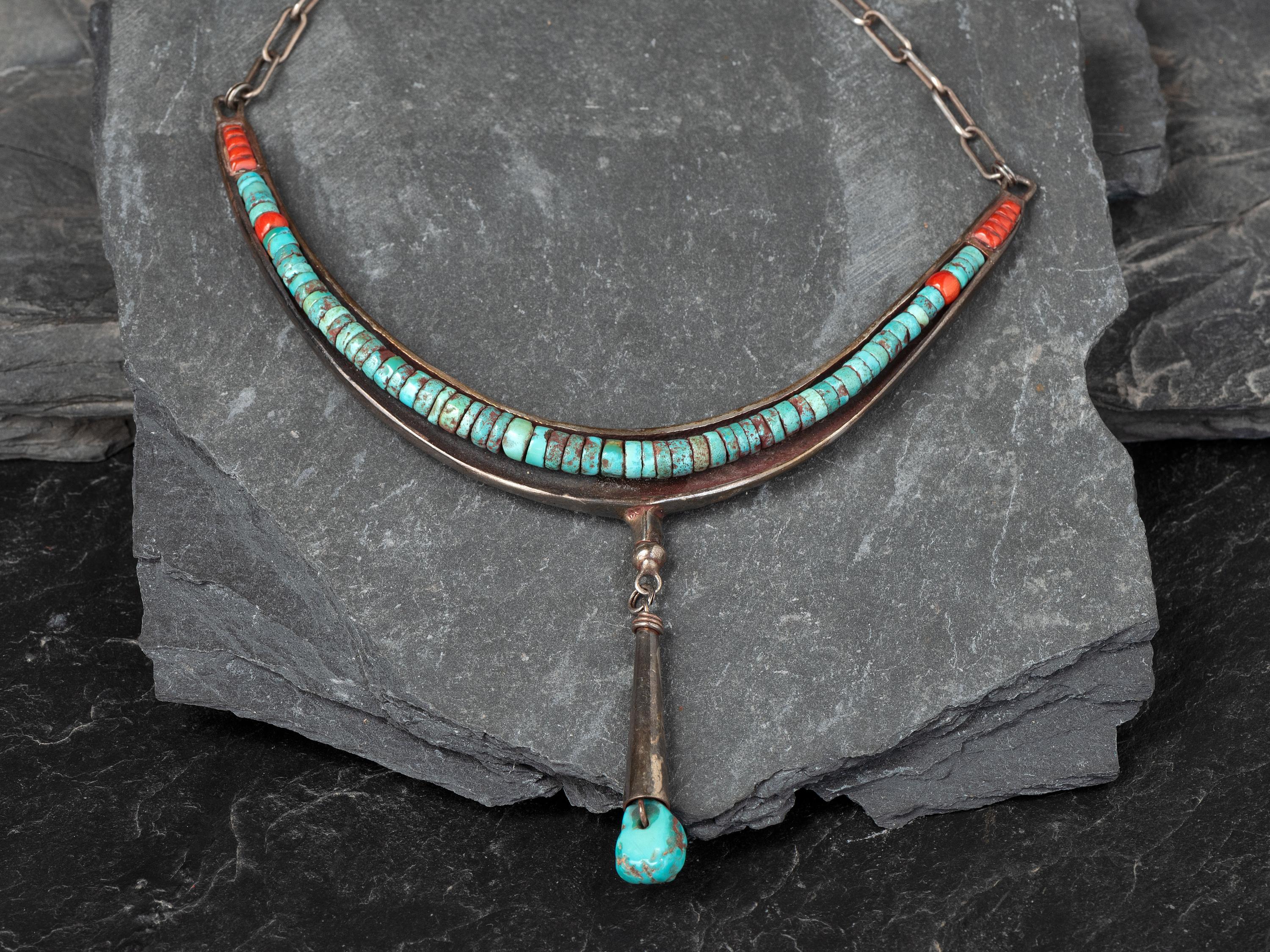 Tufa Cast Silver Choker, with Rolled Turquoise and Coral