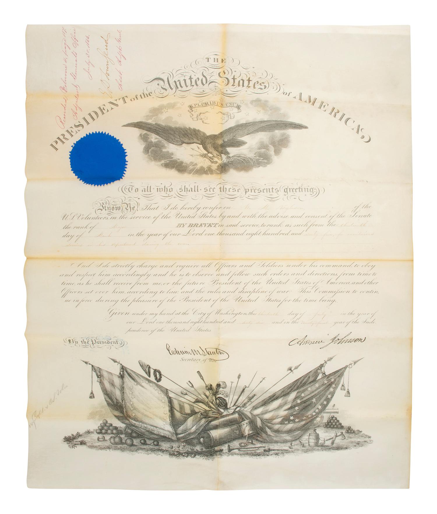 [CIVIL WAR]. Small archive associated with Lt. Col. William M. Vogelson (1831-1892), 27th Ohio Infantry and U.S. Commissary Dept., including a hand-drawn map of frontier stations and a report on "Inspection in the District of Nebraska."