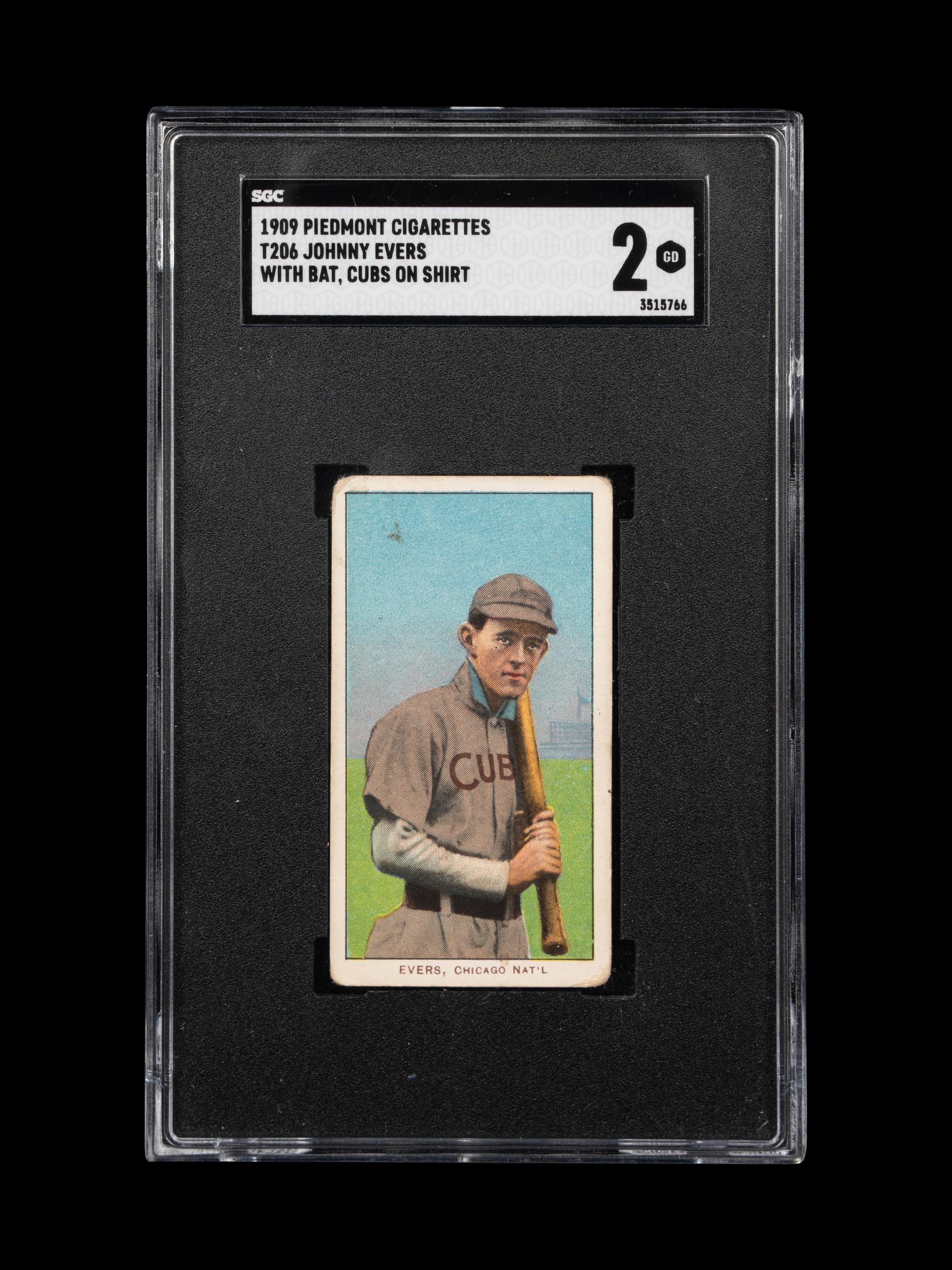 A 1909 T206 Piedmont Cigarettes Johnny Evers With Bat, Cubs On Shirt Baseball Card (SGC 2 GOOD)