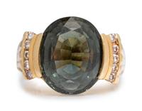 A 14 Karat Yellow Gold, Green Tourmaline and Diamond Ring,