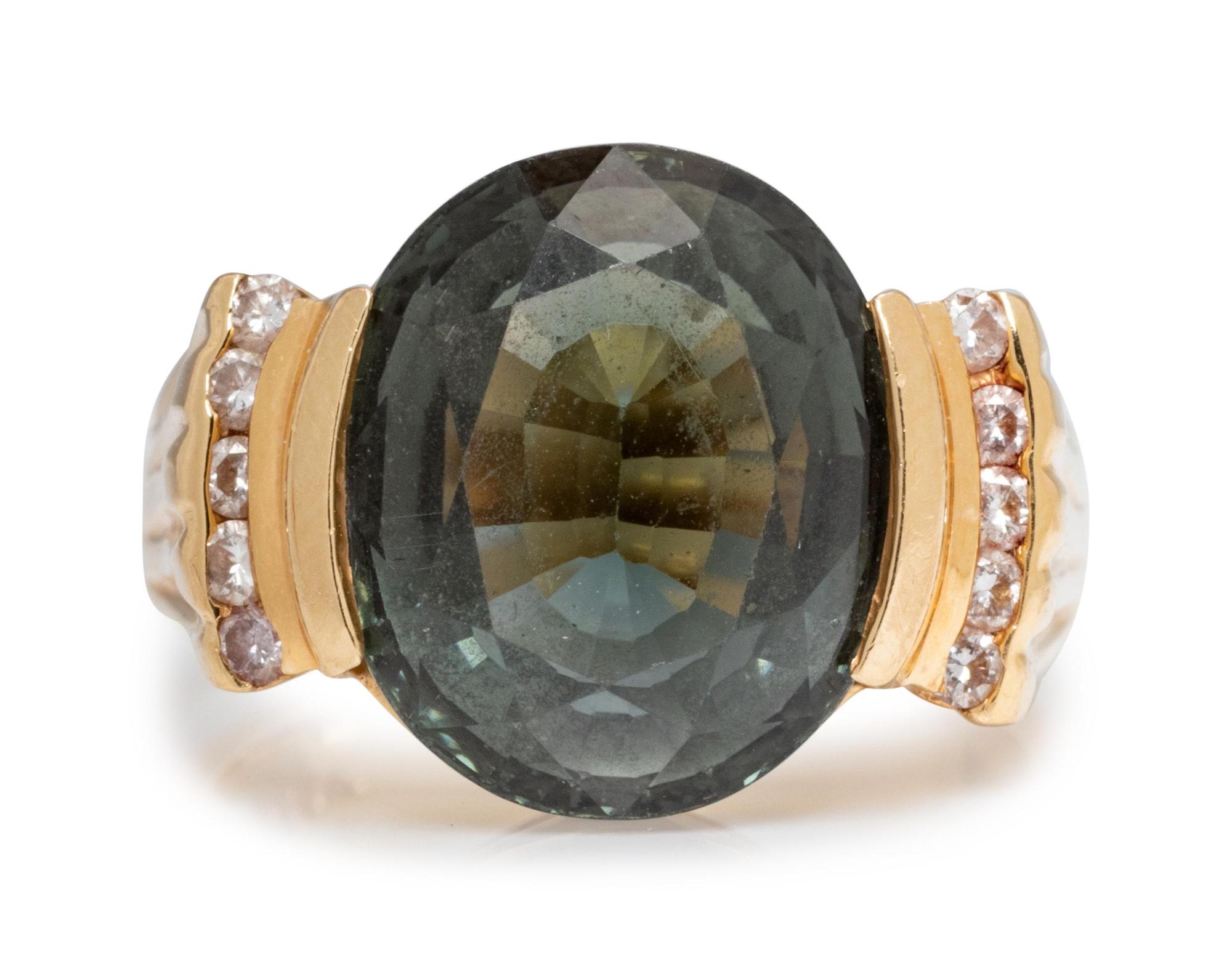 A 14 Karat Yellow Gold, Green Tourmaline and Diamond Ring,