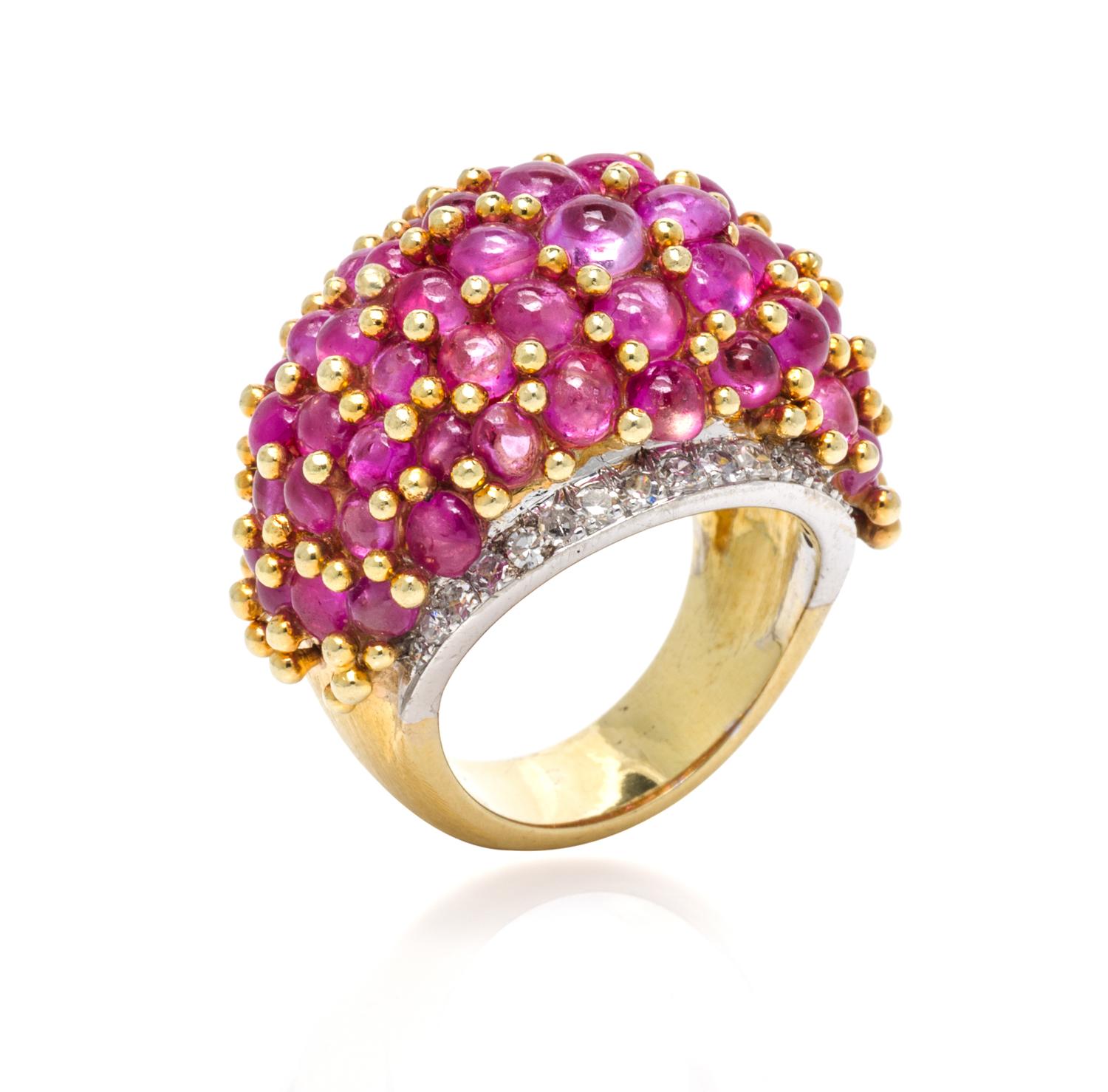 An 18 Karat Yellow Gold, Platinum, Pink Sapphire and Diamond Bombe Ring, 13.70 dwts.
