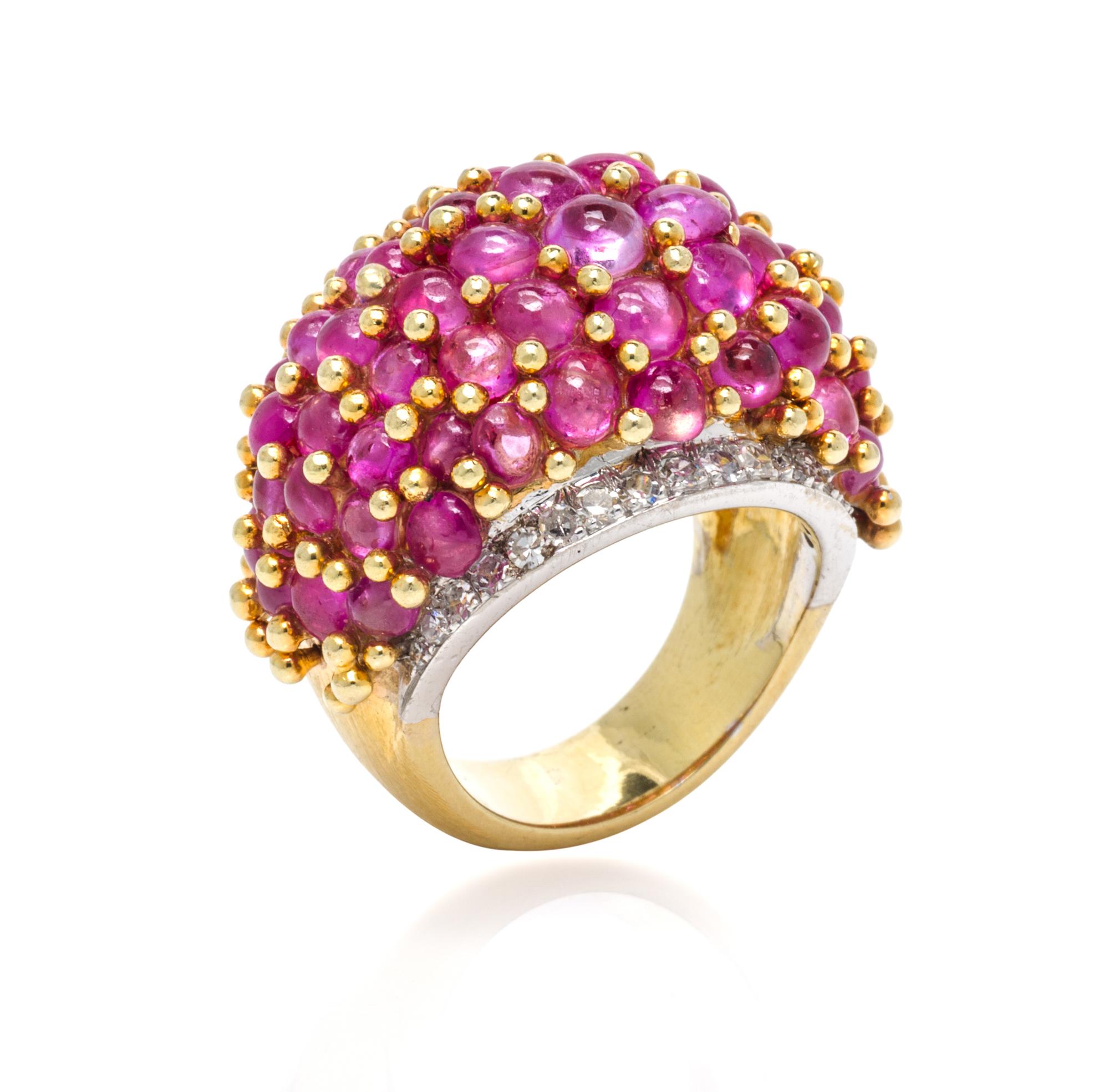 An 18 Karat Yellow Gold, Platinum, Pink Sapphire and Diamond Bombe Ring, 13.70 dwts.