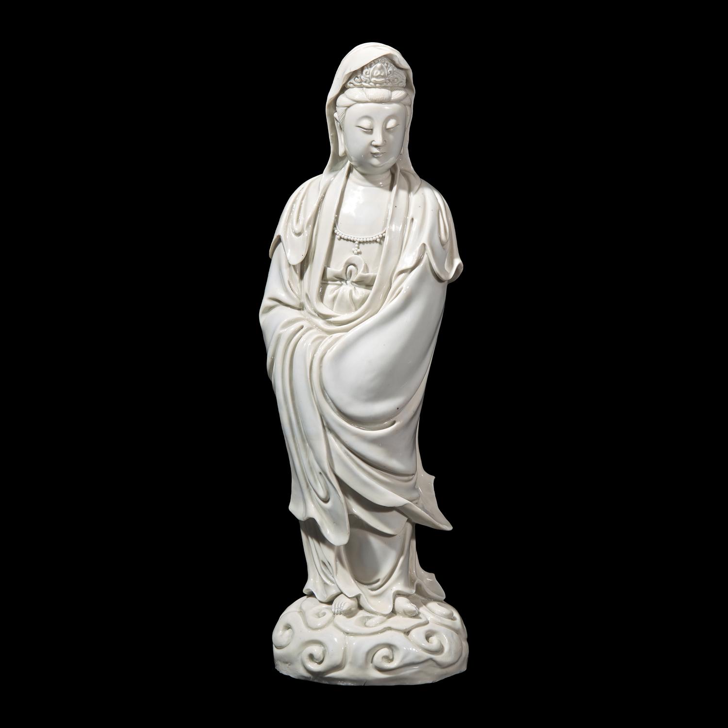 An Impressive Chinese Blanc de Chine Guanyin , Impressed Sunjiang Shanren M ark, 17th/18th Century 清早期 筍江山人款德化白瓷觀音立像